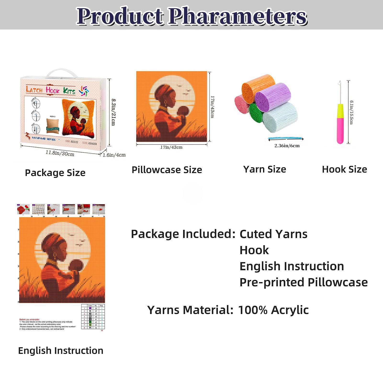 DIY Latch Hook Kits Pillow African Woman Hold Baby Under Sunset Stamped Handamade Pillowcase Crochet Yarn Hook and Latch Emboridery Throw Pillow Cover for Home Sofa Decor 43x43cm(23)