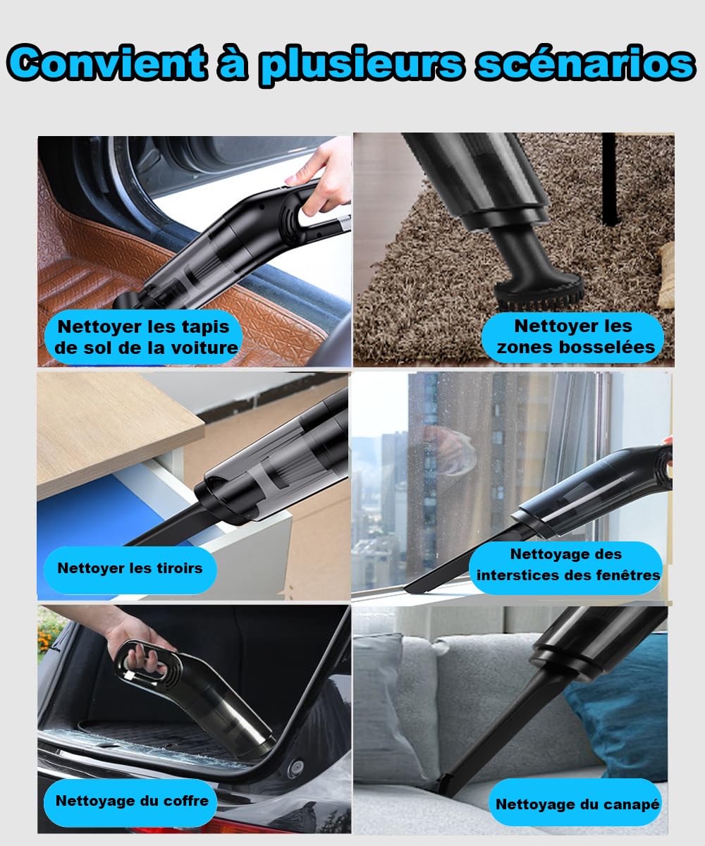 Aspirateur Voiture Sans Fil 15000PA - Portable Humide/Sec - Avec Accessoires