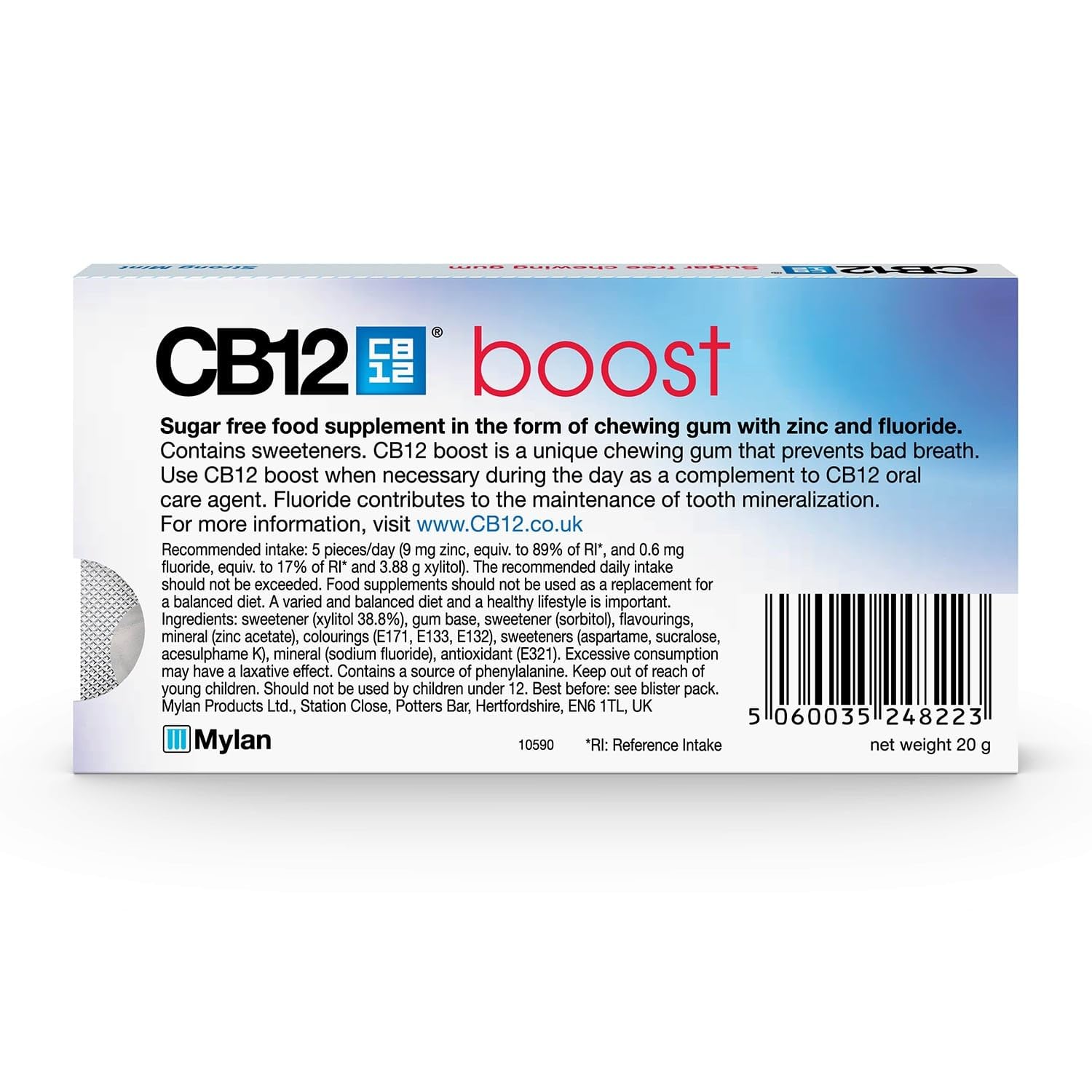 CB12 12 X Boost Sugar Free Chewing Gum Strong Mint 10 Pieces 20G