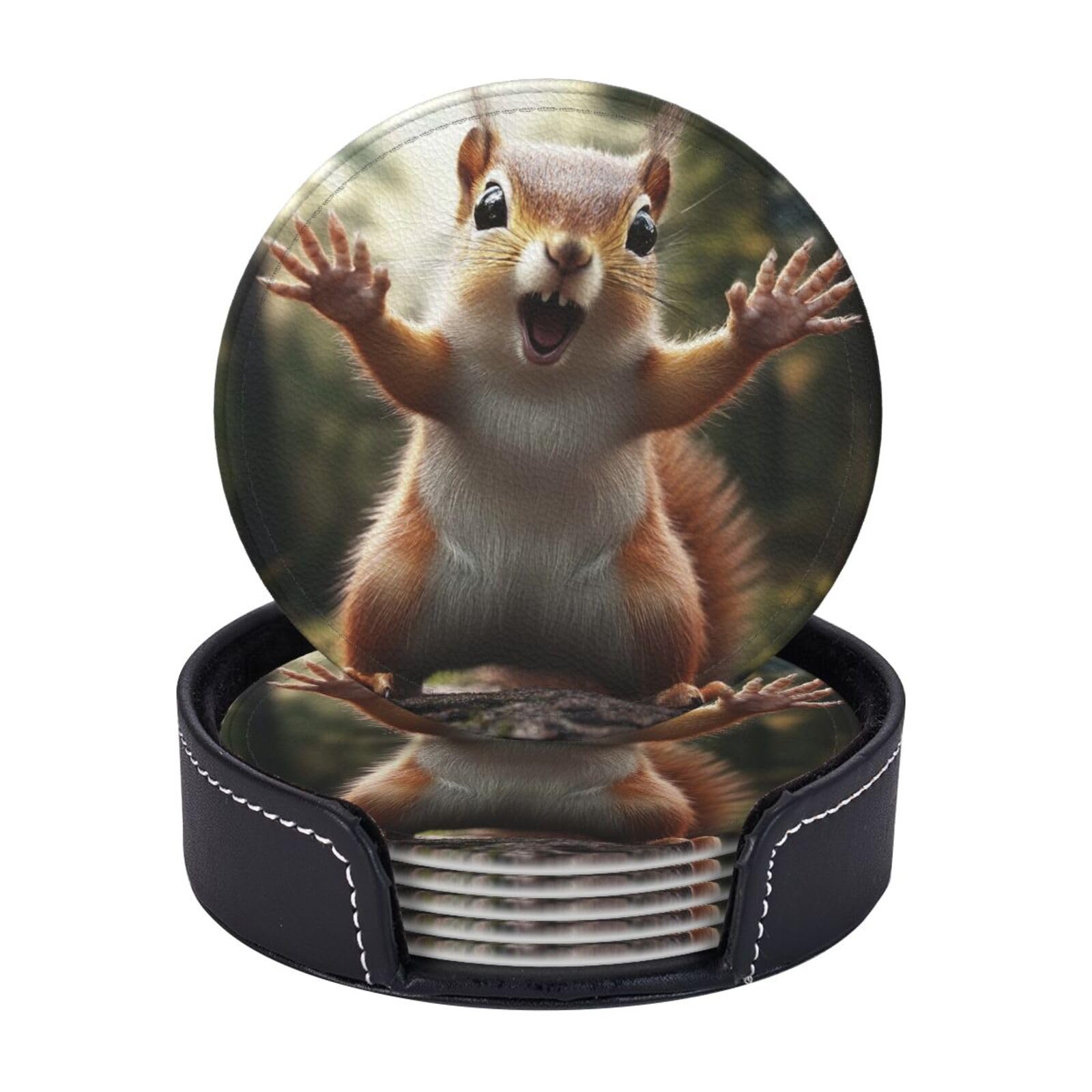 Drink Coasters Set of 6 Coffee Leather Coaster with Holder Squirrel Funny Animal Coasters for Drinks Coffee Cup Mat Heat Resistant Tabletop Protection Coaster Desk Accessorie Home Decorative