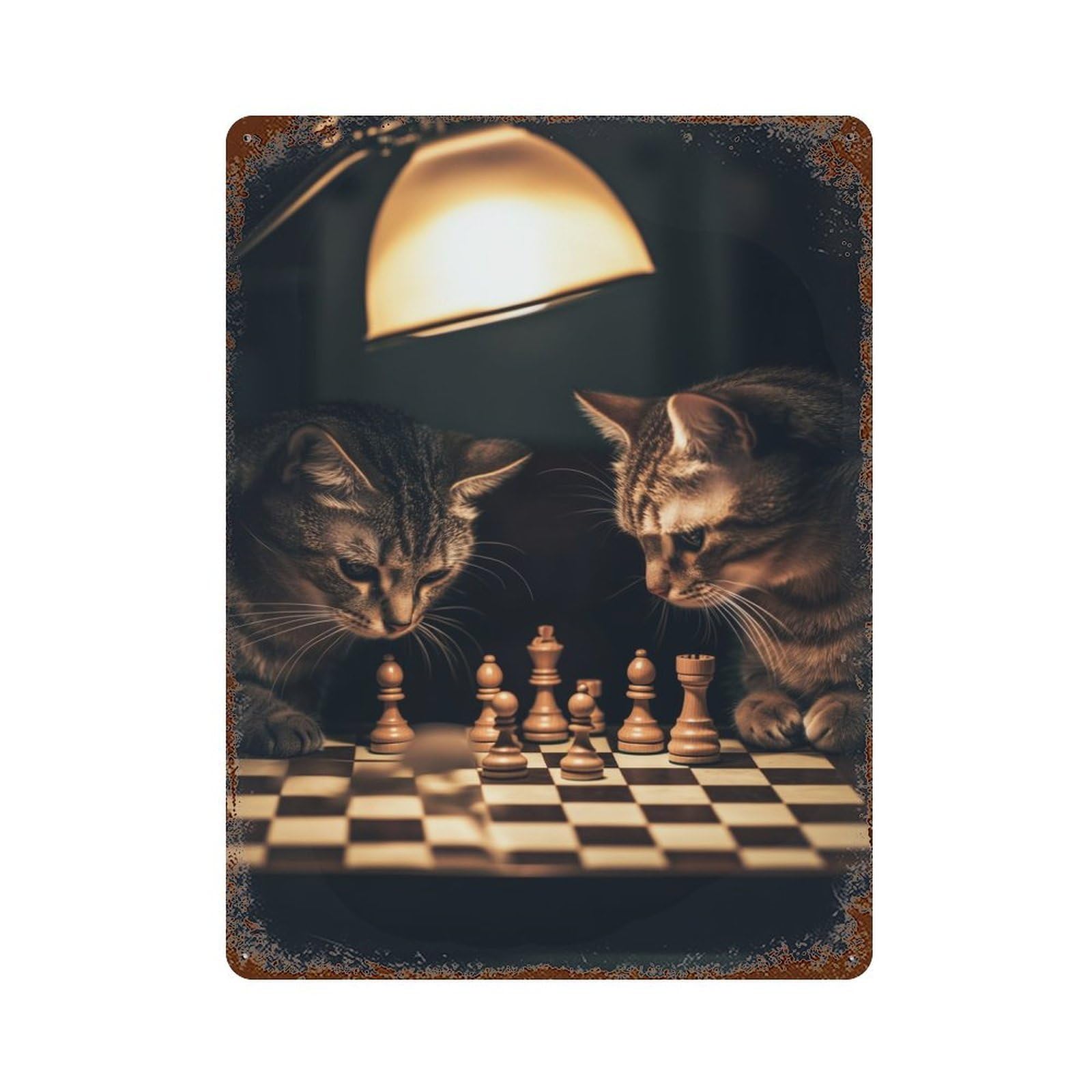Garage Style Cats Playing Chess Aged Metal Wall Plaque 15.7"x11.8", Novelty Wall Decor for Bar And Workshop