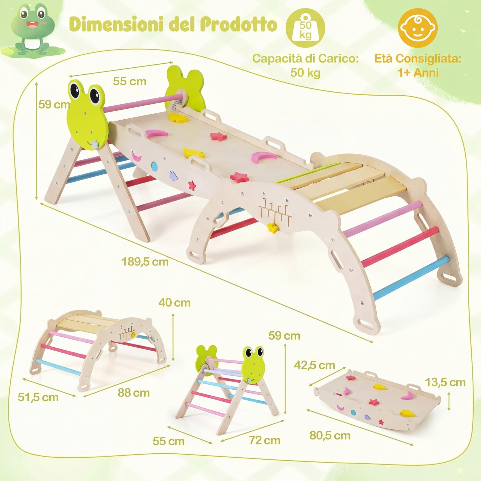RELAX4LIFE Set da Arrampicata per Bambini, Triangolo di Arrampicata con Scivolo e Arco, Gioco di Incastri in Legno, Gioco Montessori per Bambini 1+ Anni (Rana-3 Pezzi | Colorato)
