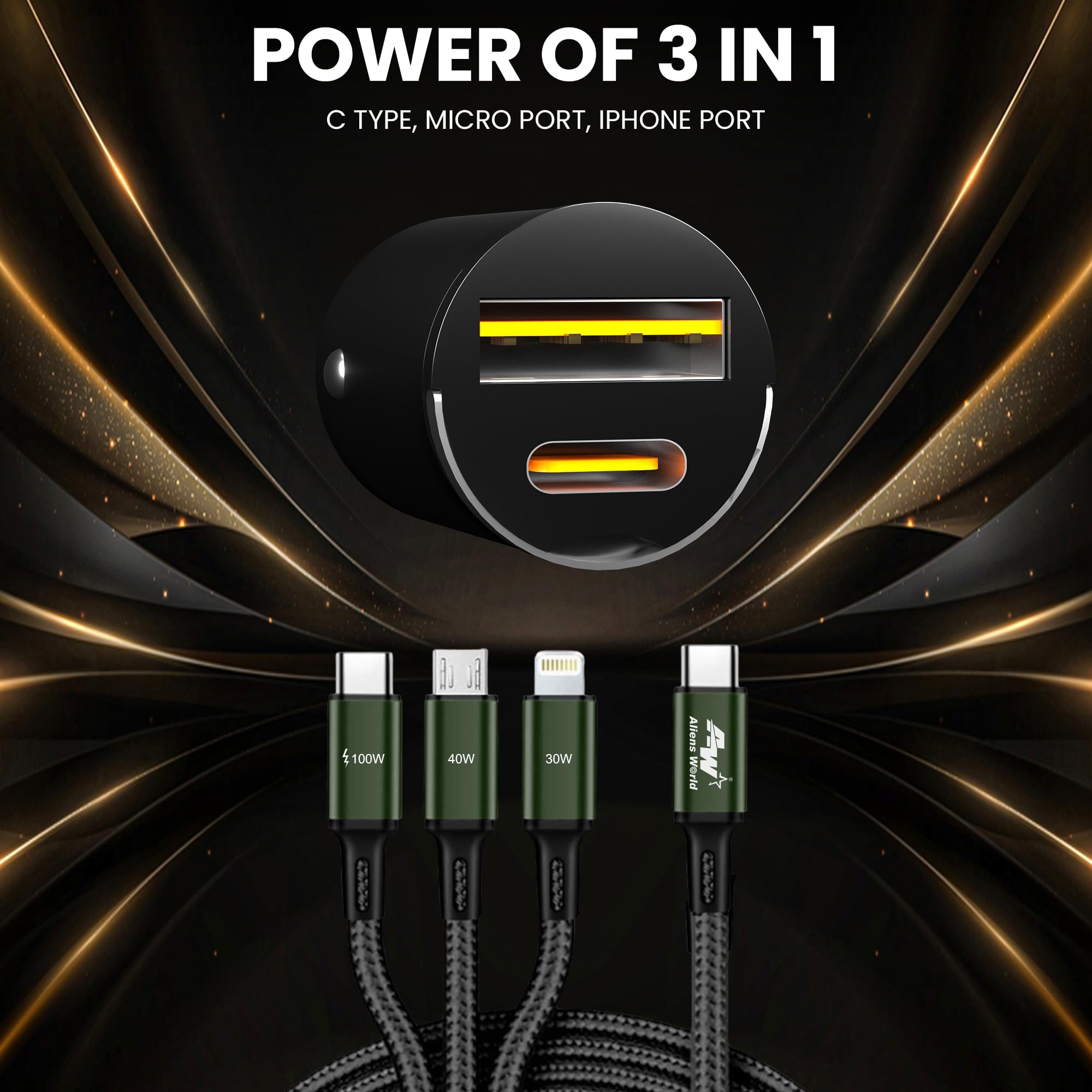 aliens world 100W PD30+QC4.0 Rocket Hidden Car Charger with Dual Output,100Watts Total, Fast Charging, Adapter for iPhone & Android Smartphones and Tablets with 3 in 1 Data Cable (Black) 3
