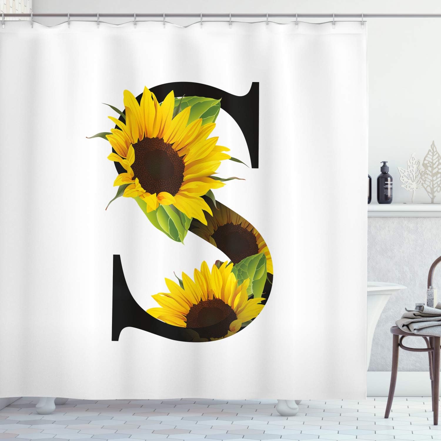 Ambesonne Letter S Shower Curtain, Flora Elements Sunflowers on Dark Colored Abstract Art Print, Cloth Fabric Bathroom Decor Set with Hooks, 69" W x 84" L, Yellow Green Black
