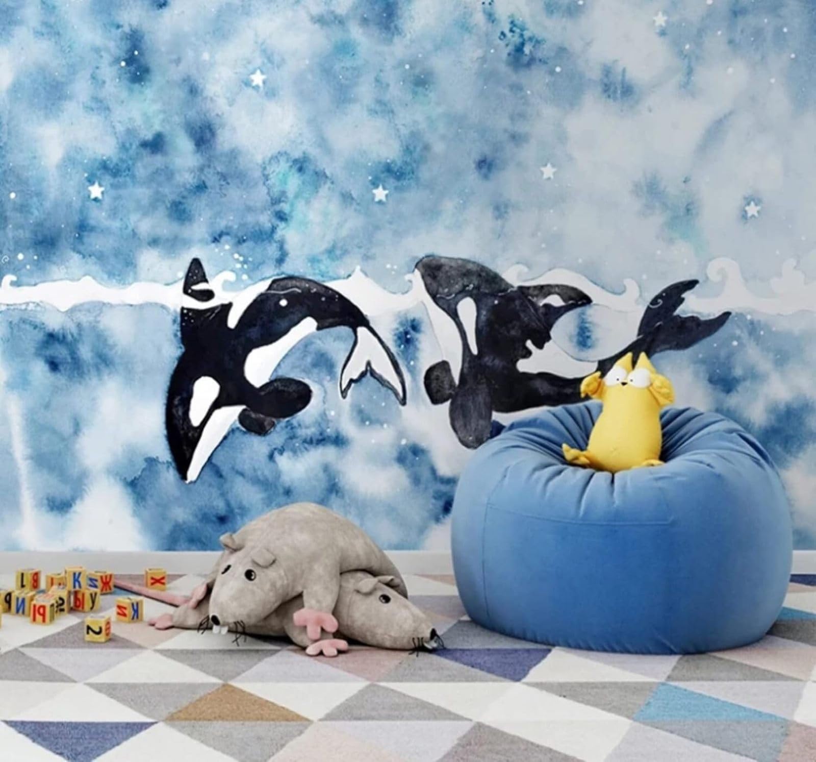 Wallpaper-3D-Xlm 200Cm×140Cm(B×H) Hand Drawn Cartoon Blue Ink Wash Dolphin 3D Wallpaper Easy Install Feature Office Living Room Sofa Bedroom Tv Background Wall Decoration-200Cm×140Cm