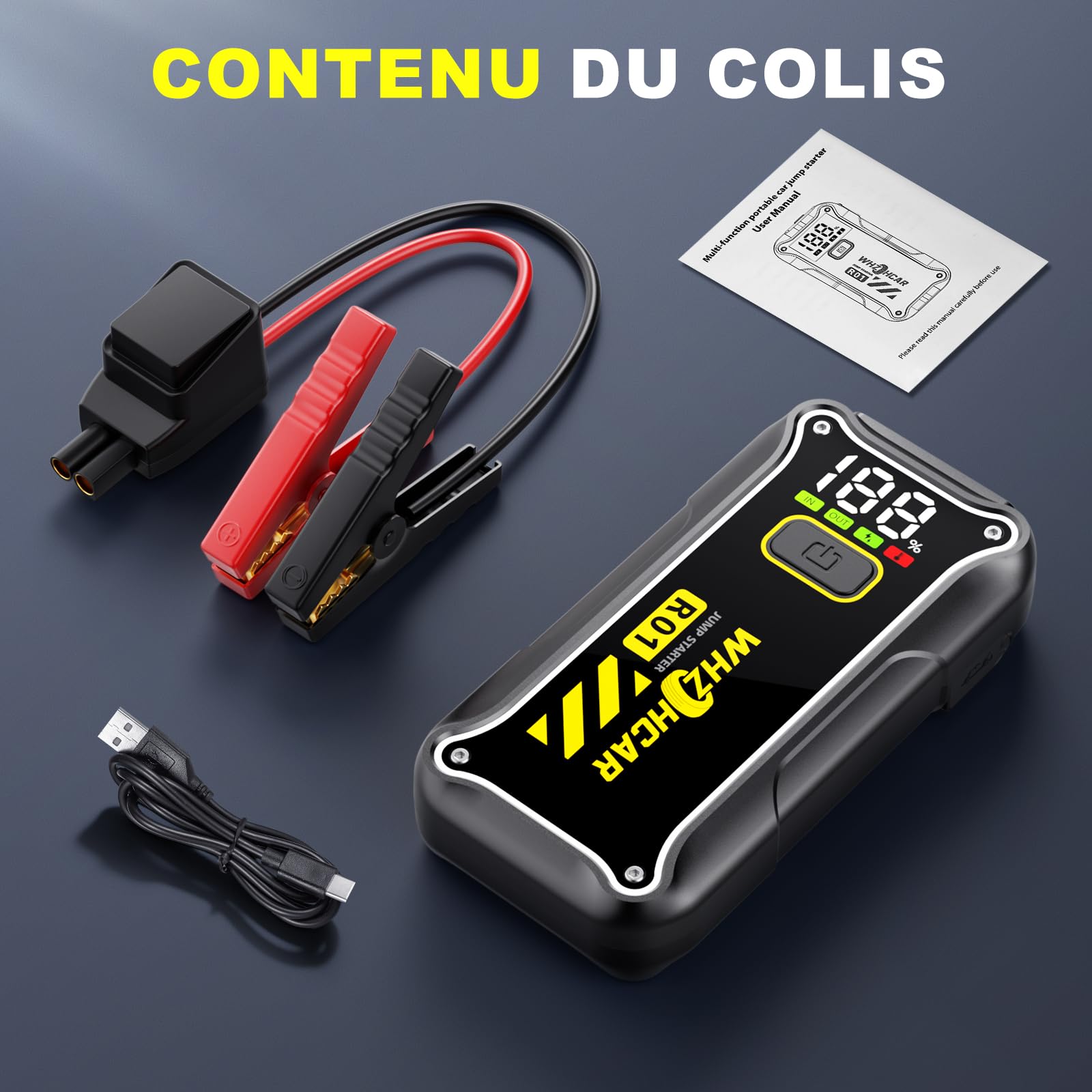 Booster Batterie Voiture 7000A Démarreur de Voiture 12V Démarreur de Batterie (Jusqu’à 10L Essence & 8L Diesel) Portable Jump Starter Moto Camion avec LED de Secours, Pinces de Sûreté Intelligentes