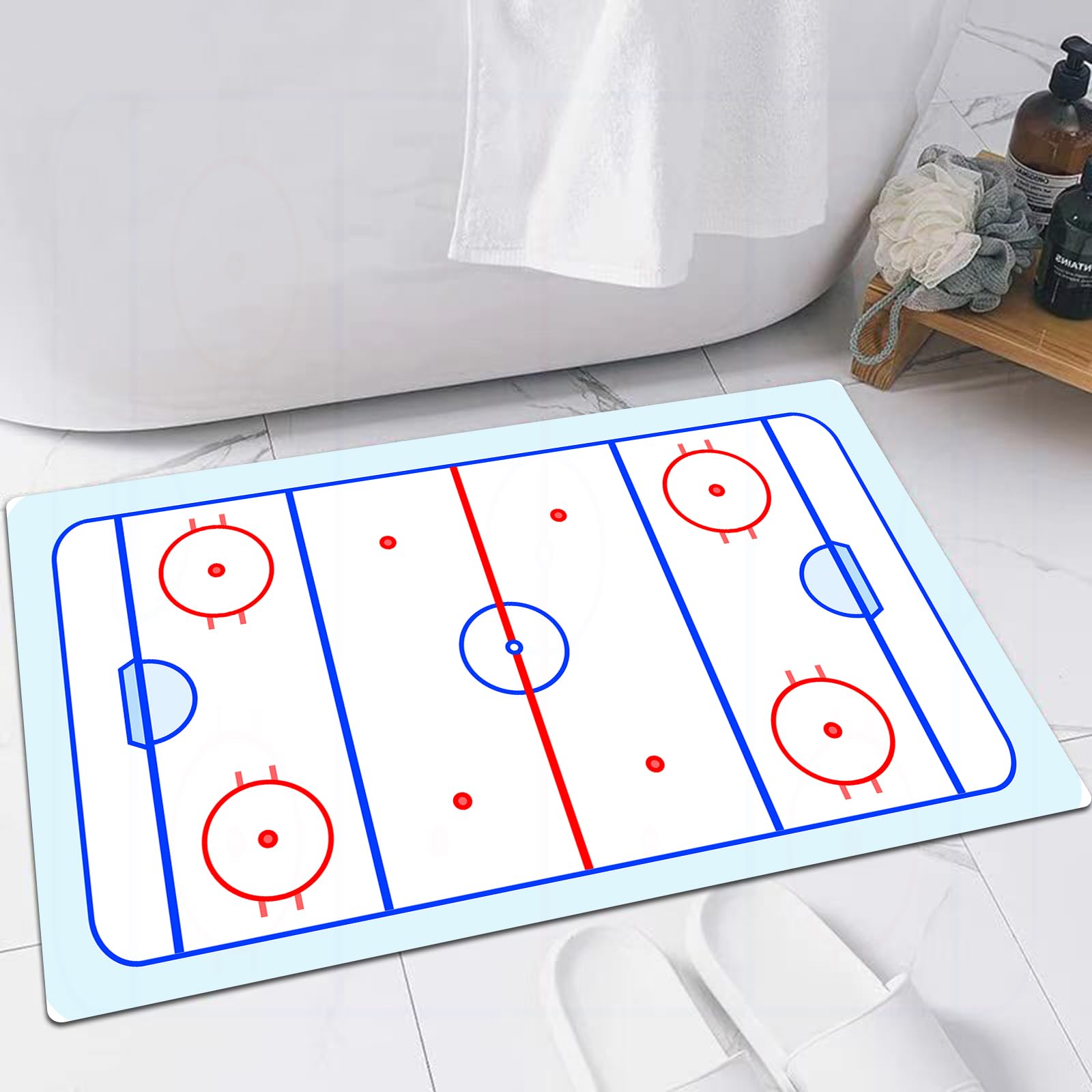EMFSLA Bath Mat 16x24 in,Ice Hockey Field in Blue Tones and Red Graphic Outline for Spo,Non-Slip Bathroom Mat Machine-Washable,Ultra Soft and Water Absorbent Bath Rug for Bathroom