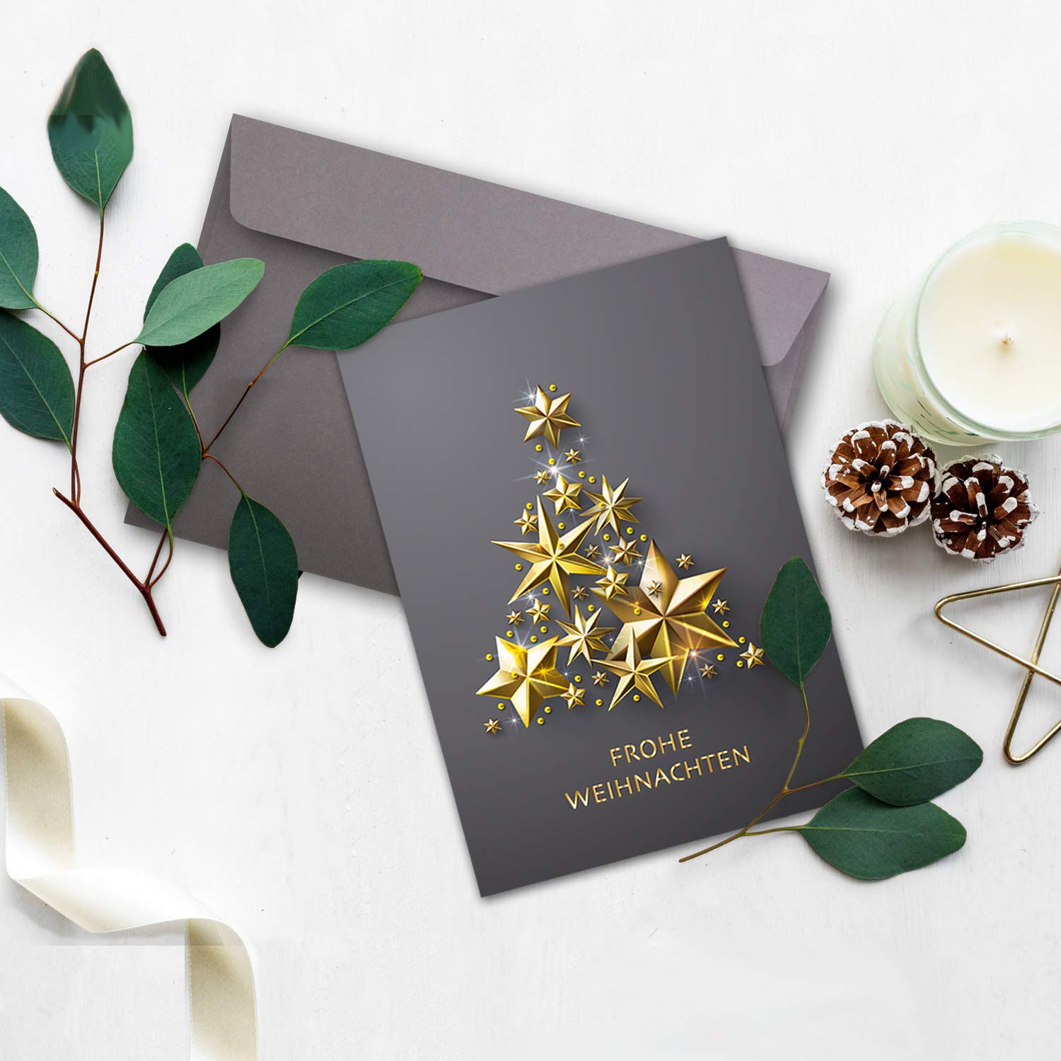 15 x Christmas Card Set DIN A6 in Grey with Gold Star Christmas Tree Folding Cards with Matching Envelopes Christmas Greetings for Companies and Private - Image 2