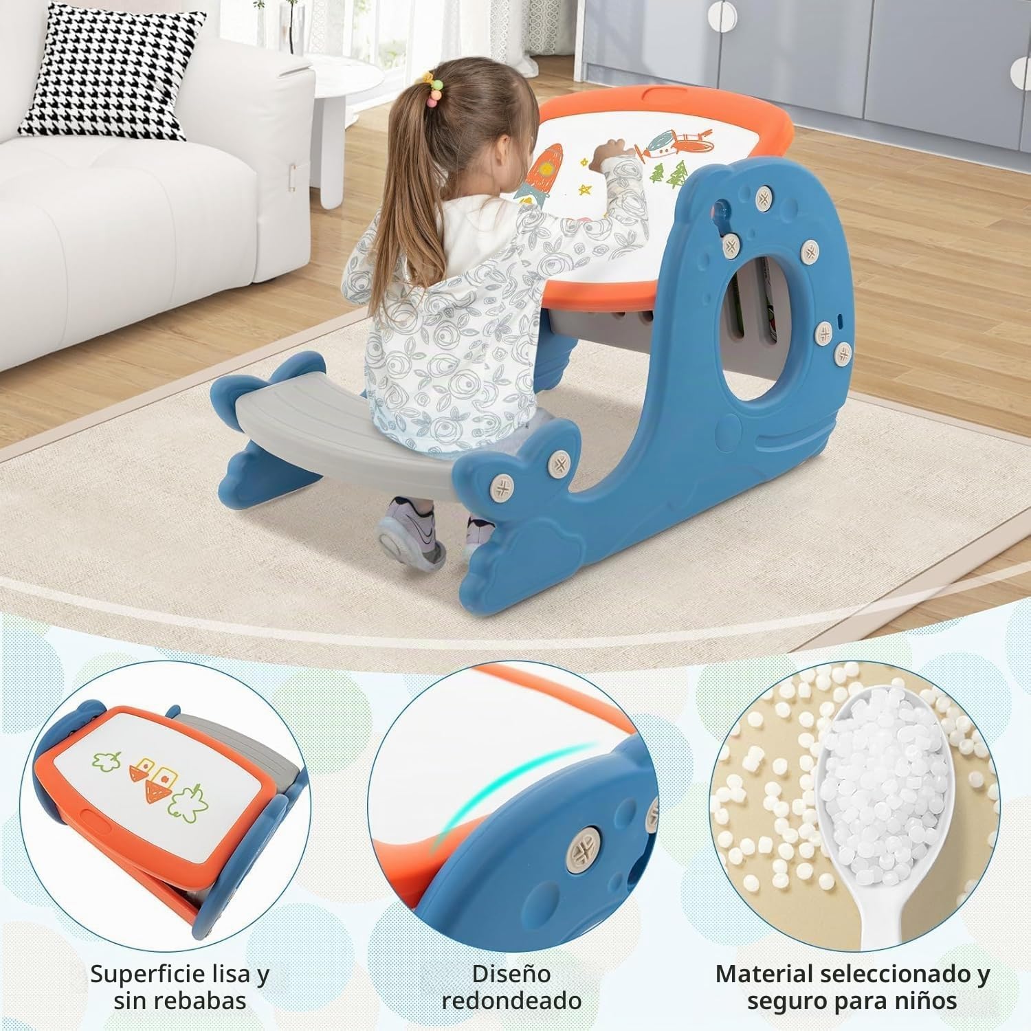 FANTASK Caballete infantil con tablero de mesa, pizarra blanca y banco, 4 en 1, pizarra de pie azul de doble cara en forma de ballena, mesa para niños con estante para niños a partir de 1 años