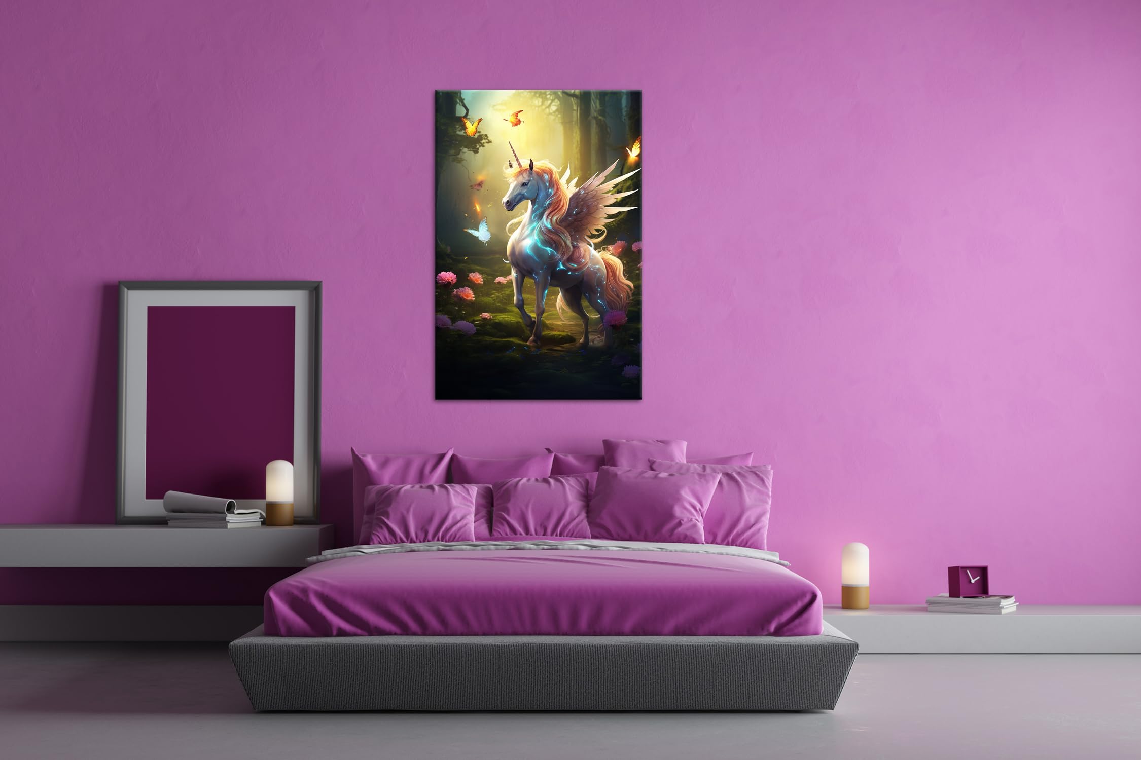 deyoli Magisches Einhorn – Lichtwesen im Zauberwald Format: 80x60cm XXL Kunstdruck Motiv auf Holzrahmen/Leinwandbild/Wandbild/Wohnzimmer Dekoration