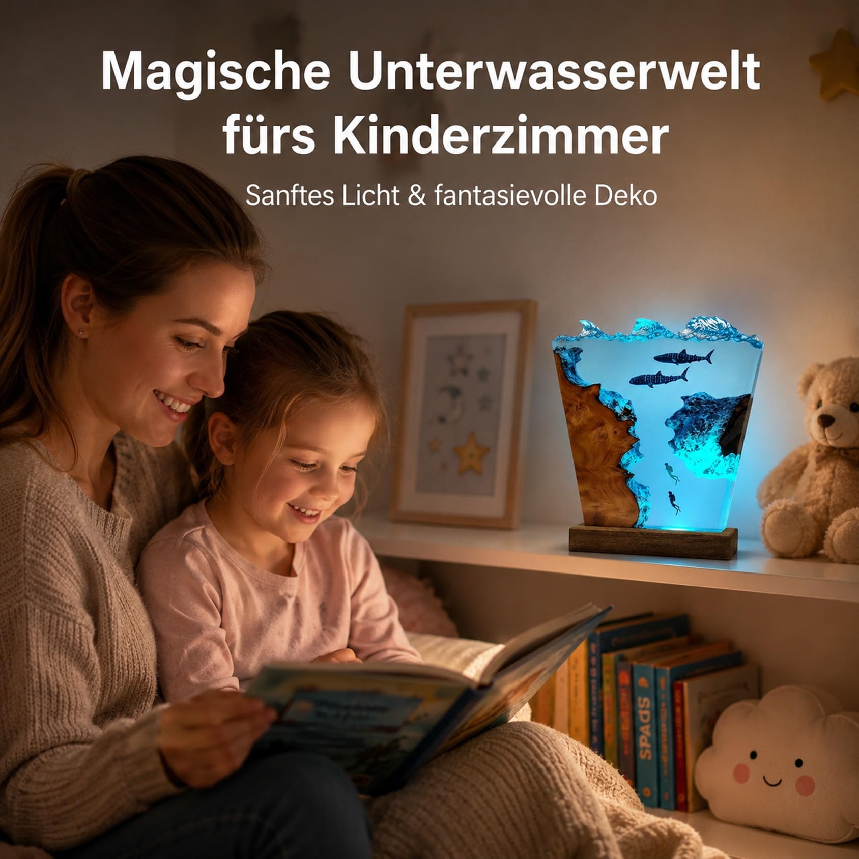Drawelry 3D Meer Wal Hai Harz Nachtlichter Unterwasser Ornamente (E3) | Holzsockel, USB-Kabel, Ozean Szene, Epoxidharz Lampe,Heim Büro Deko,Weihnachten Geburtstag Geschenke