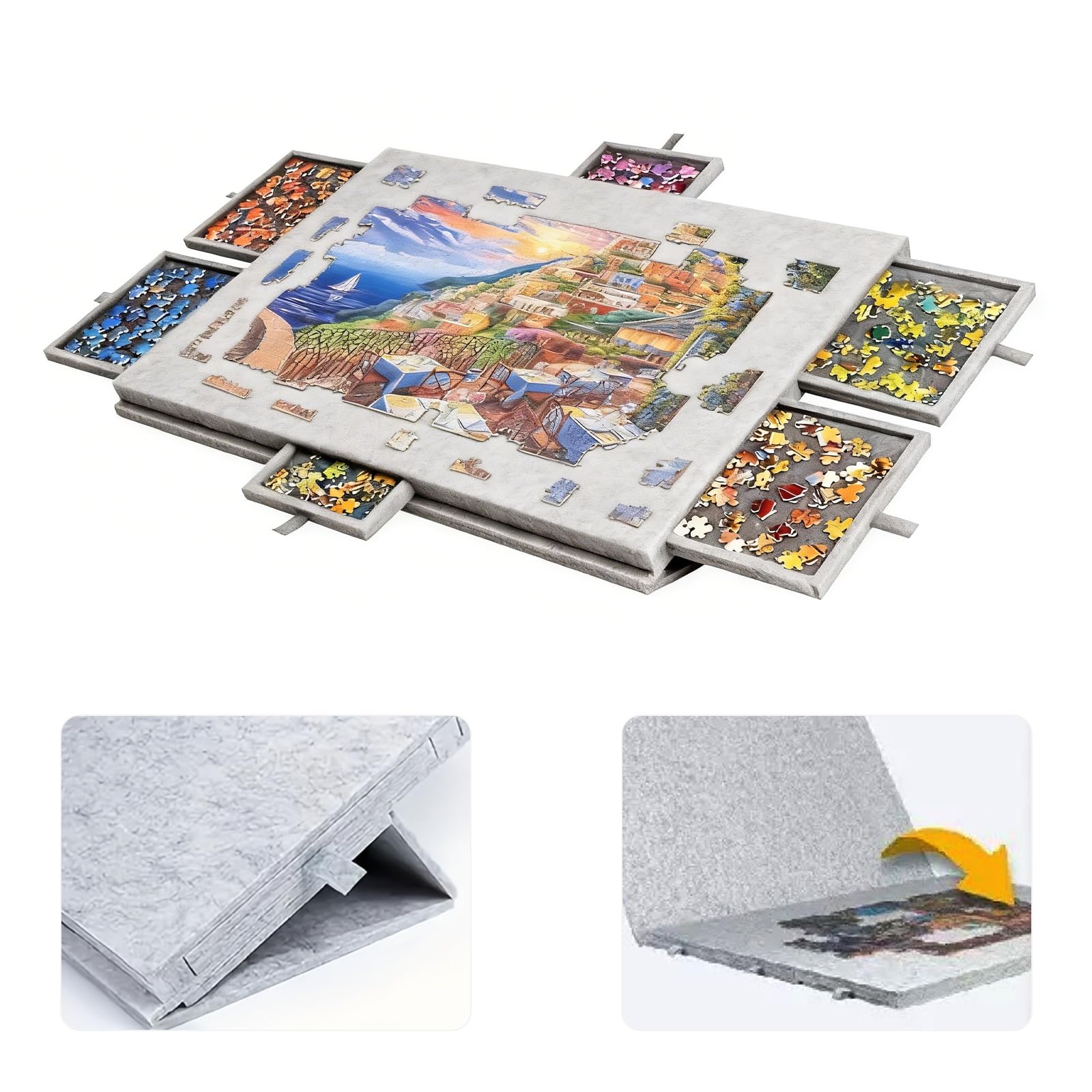 Tapis Puzzle Feutre 1000 pièces, Portable Plateau à Puzzle Portable avec 6 Tiroirs et Couvercle, Accessoires de Puzzle pour Adultes et Enfants, Gris Clair
