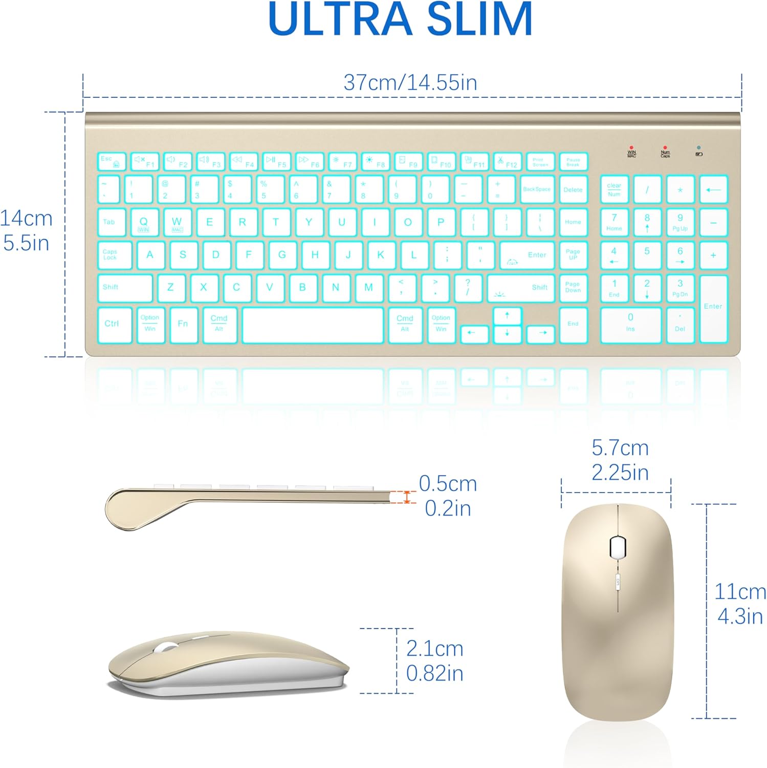 Wireless Keyboard and Mouse Ultra Slim Combo, TopMate 2.4G Silent Compact USB 2400DPI Mouse and Scissor Switch Backlit Keyboard Set, for PC/Laptop/Windows/Mac/Gaming - Gold White
