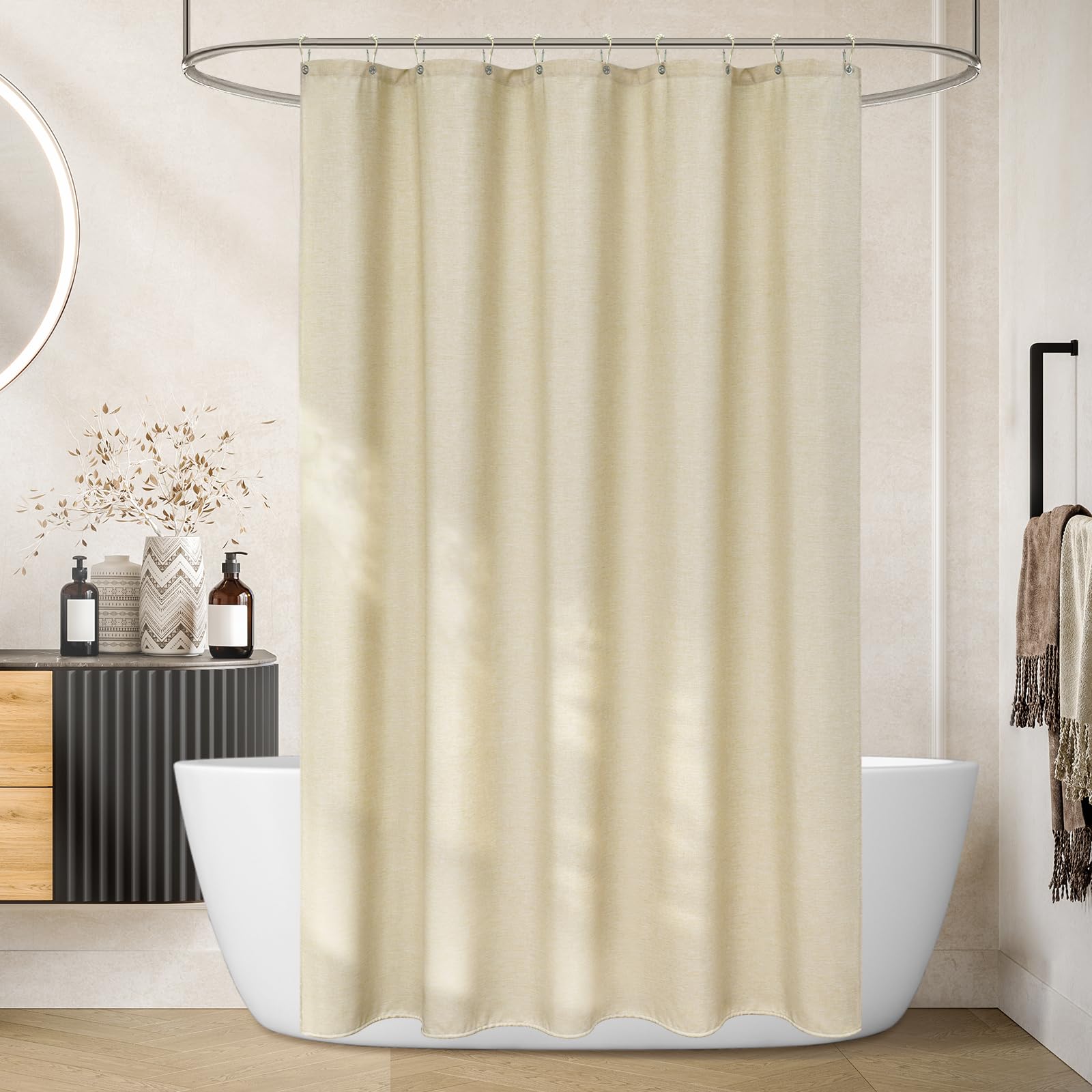 Seenus Petit rideau de douche en tissu beige résistant à l'eau et à texture de lin synthétique durable pour salle de bain de style rustique et bohème pour camping-car, remorque (152 x 167 cm)