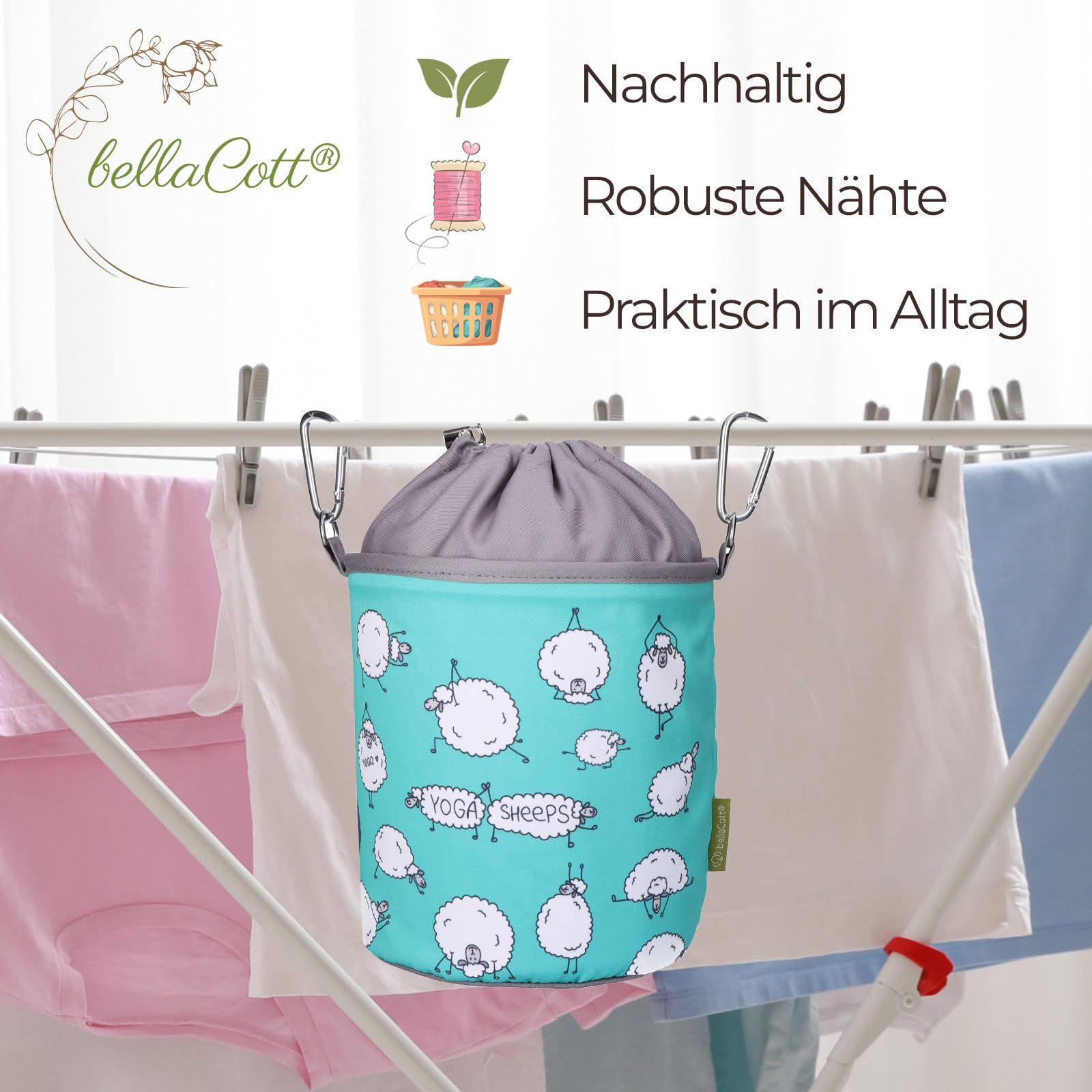 96 Softgrip Wäscheklammern Set Silber-anthrazit mit Wäscheklammerbeutel aus Baumwolle Yoga-Schafe Design, rutschfest, mit Karabiner & Kordelzug, waschbar