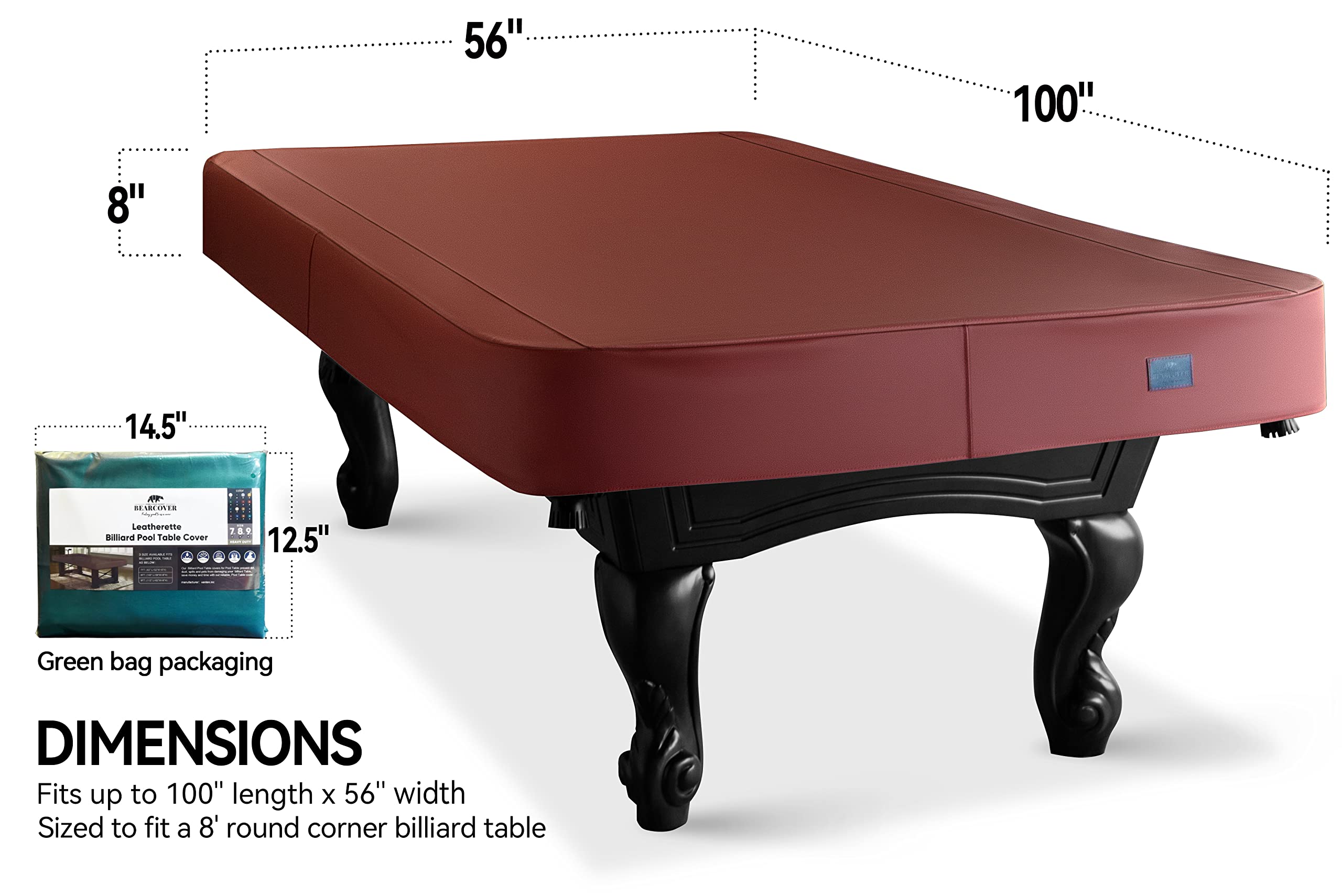 Cubierta de billar de cuero sintético resistente, cubierta impermeable y resistente a desgarros para mesa de billar de 7'/8'/9'FT 8FT-(100" LX 56" WX 8" H), rojo burdeos