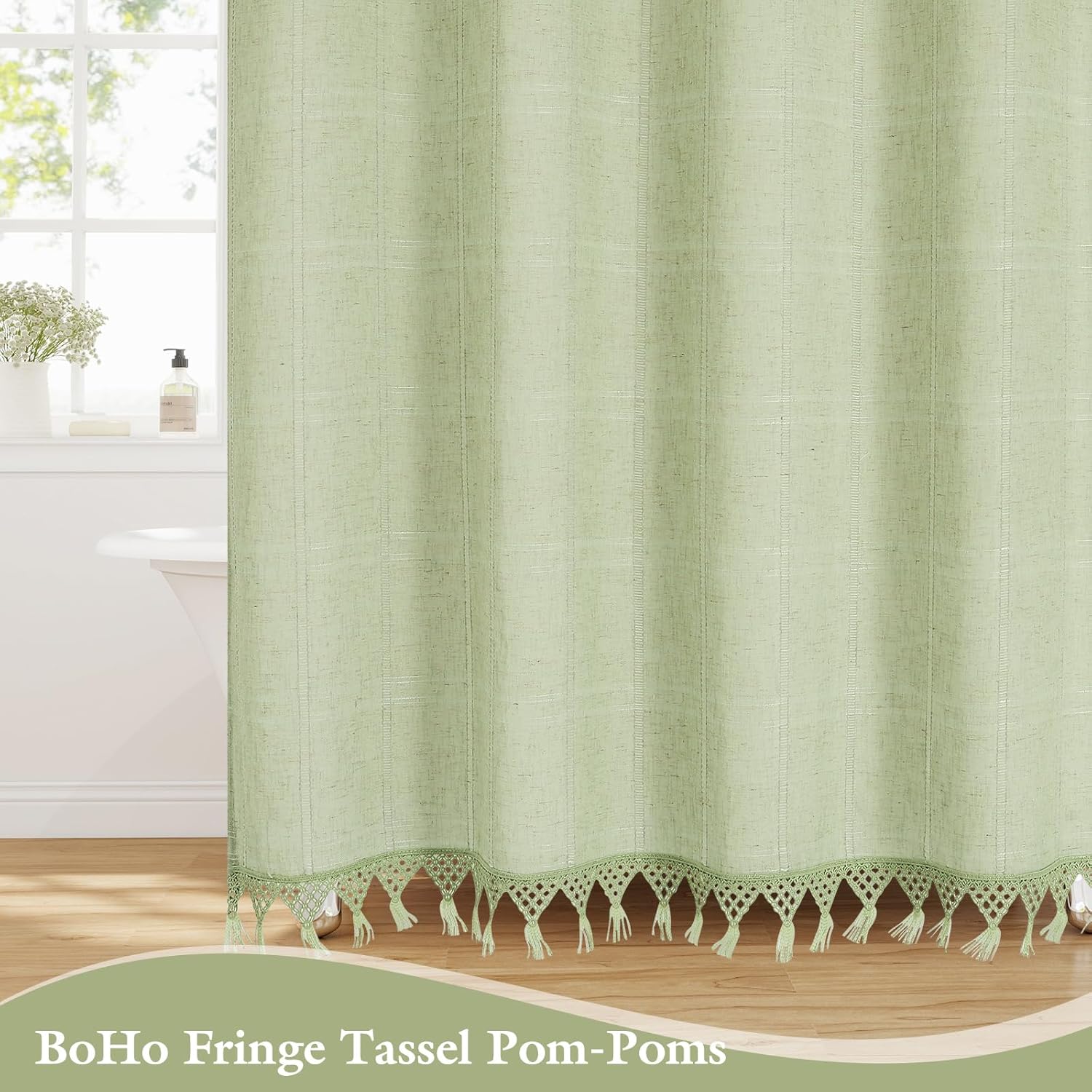 Linen Boho Farmhouse Shower Curtain Set with Tassel, Modern Bohemian French Country Chic Bathroom Shower Curtain Set with PEVA Liner, Cotton Luxury Fabric Shower Curtain,72x72 - Green