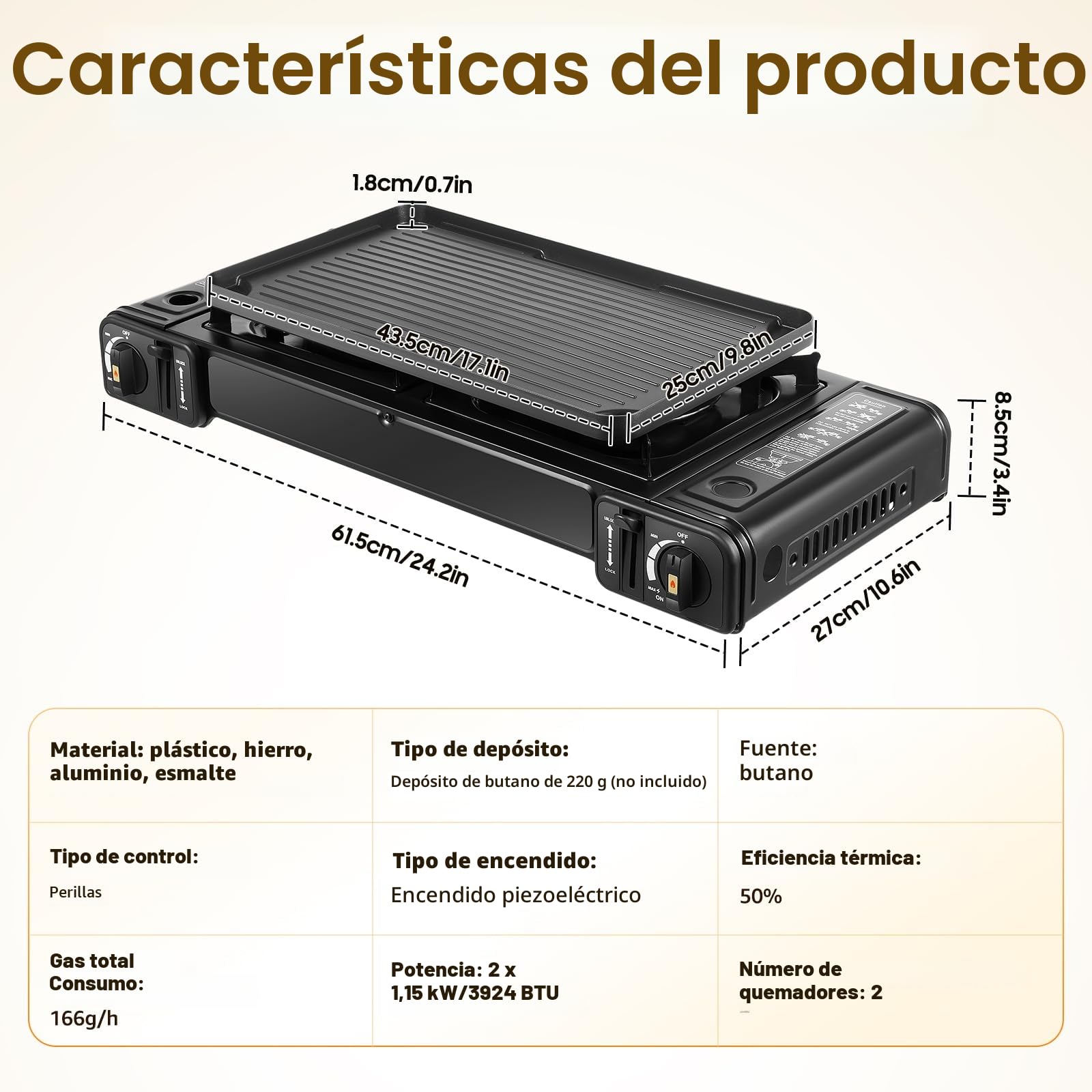 Hornillo de Gas Portátil de 2 Quemadores para Botella, Camping, Barbacoa y Exteriores - Estufa de Aluminio con Placa para Mesa