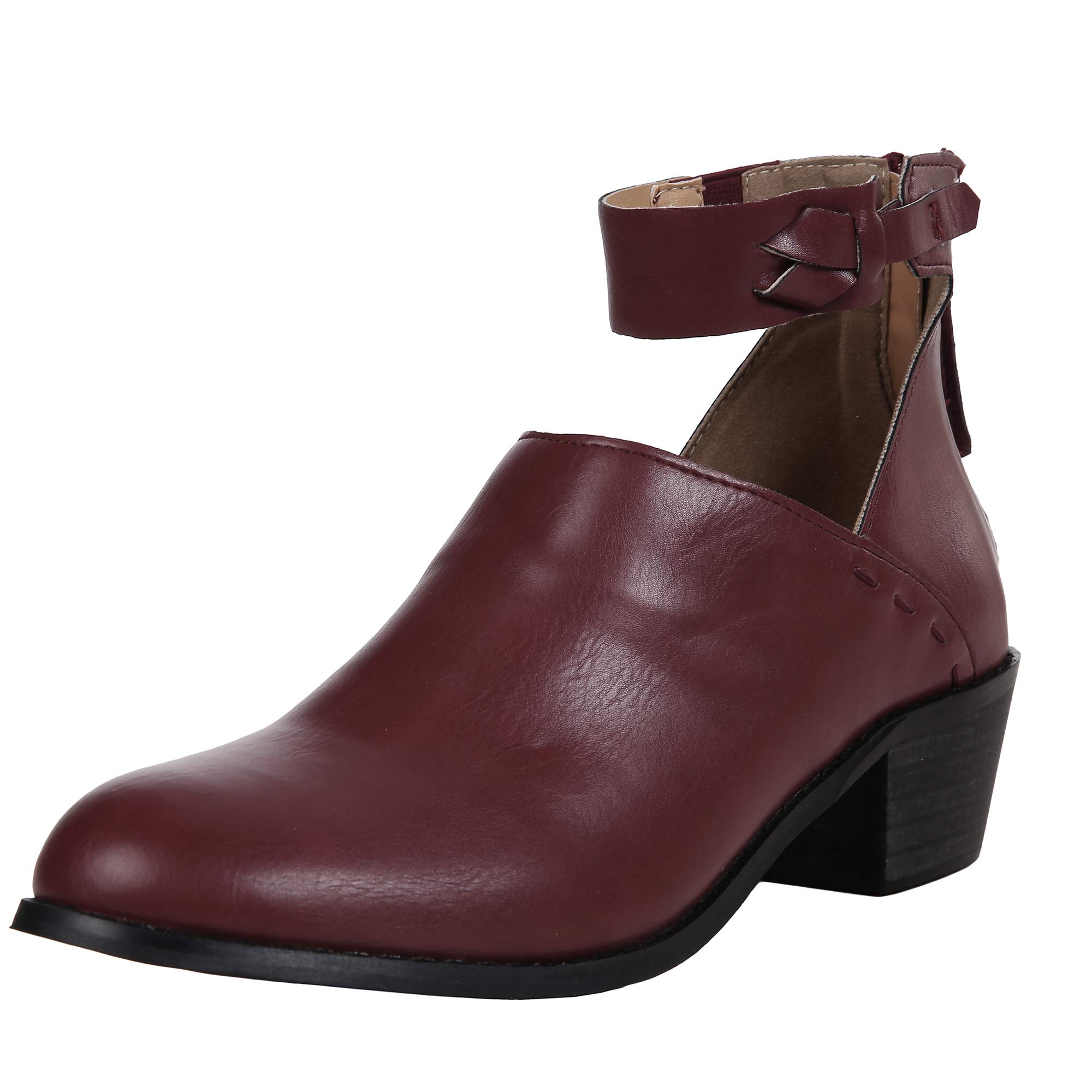 Huiyuzhi Womens Ankle Boots Cut Out Pointed Toe Buckle Strap Stitch Leather Heeled Booties