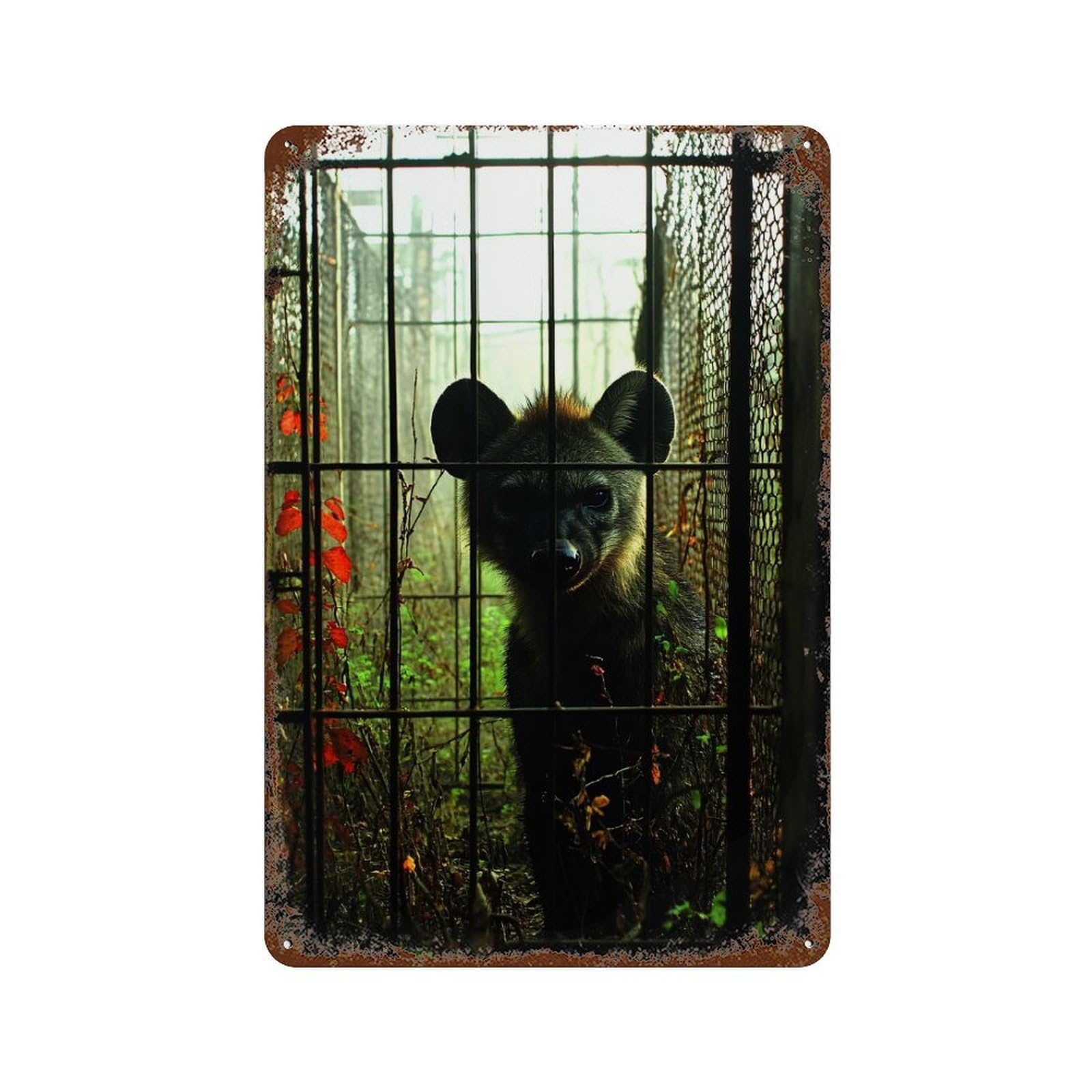 Aged Metal Wall Plaque with Hyena Behind Bars Design 11.8"x7.9", for Shed, Workshop And Garage Wall Decor, Decorative Metal Wall Art