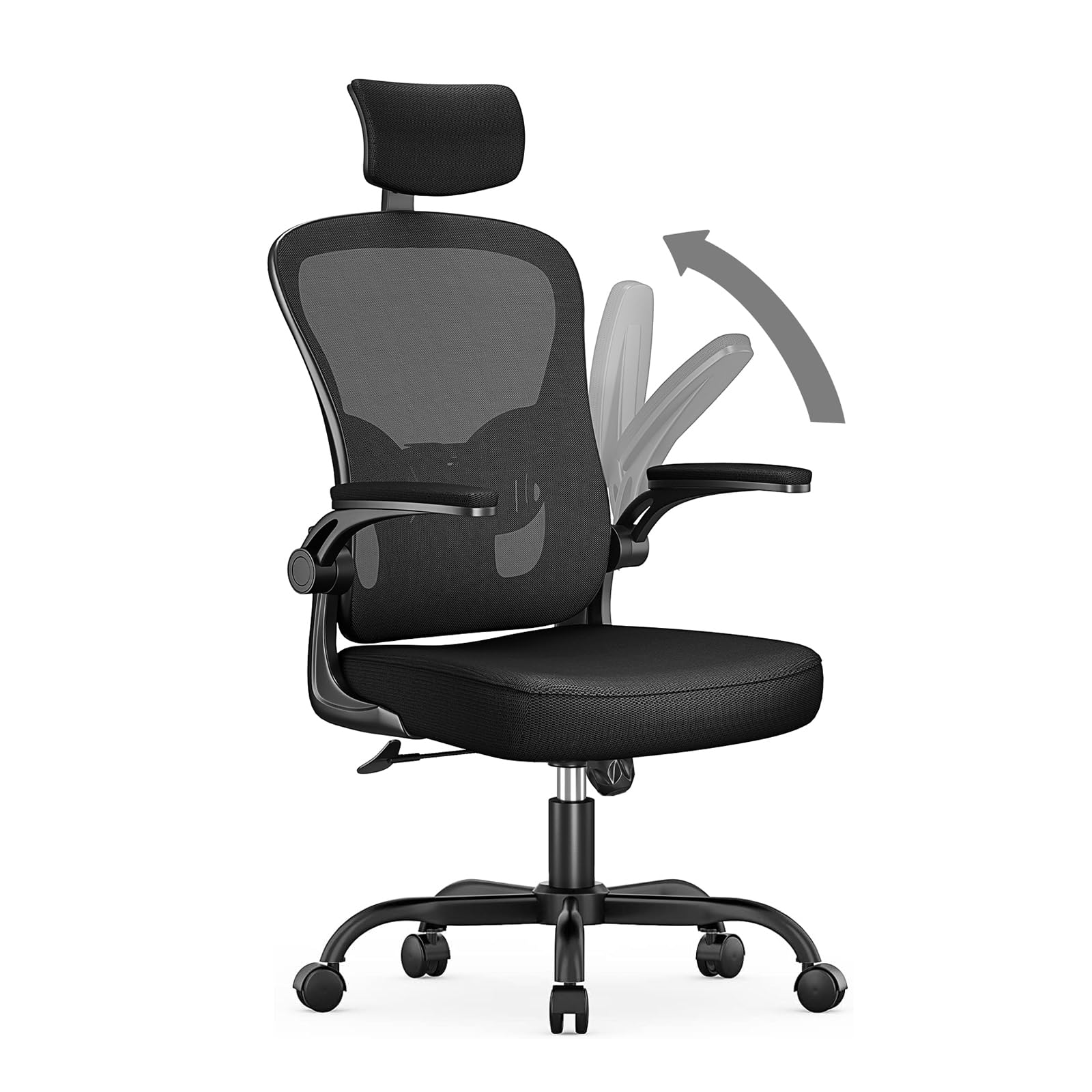 naspaluro Bürostuhl mit Verstellbaren Armlehnen, Ergonomischer Schreibtischstuhl mit Netzbespannung, Lordosenstütze, Höhenverstellbarer, Gepolstertem Sitzkissen, 360° Drehstuhl, Schwarz