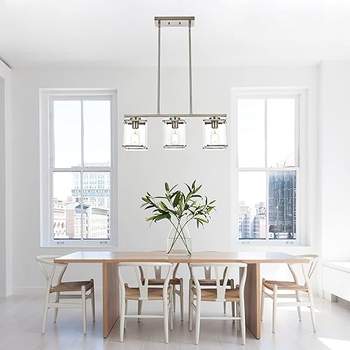 Miniatura 2 de MELUCEE Iluminación de isla de cocina, 3 luces de níquel cepillado, accesorios de iluminación para comedor sobre mesa con pantallas rectangulares de