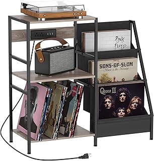 Record Player Stand with Vinyl Storage Turntable Stand with Record Storage End Table with Charging Station Vinyl Record Storage Cabinet Up to 200 Albums 3 Tier Side Table with USB Ports and Outlets
