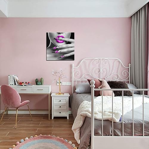Miniatura 5 de Biuteawal - Impresiones en lienzo modernas para pared, diseño de mujer a la moda con labios y uñas morados, elegante póster de maquillaje y manicura