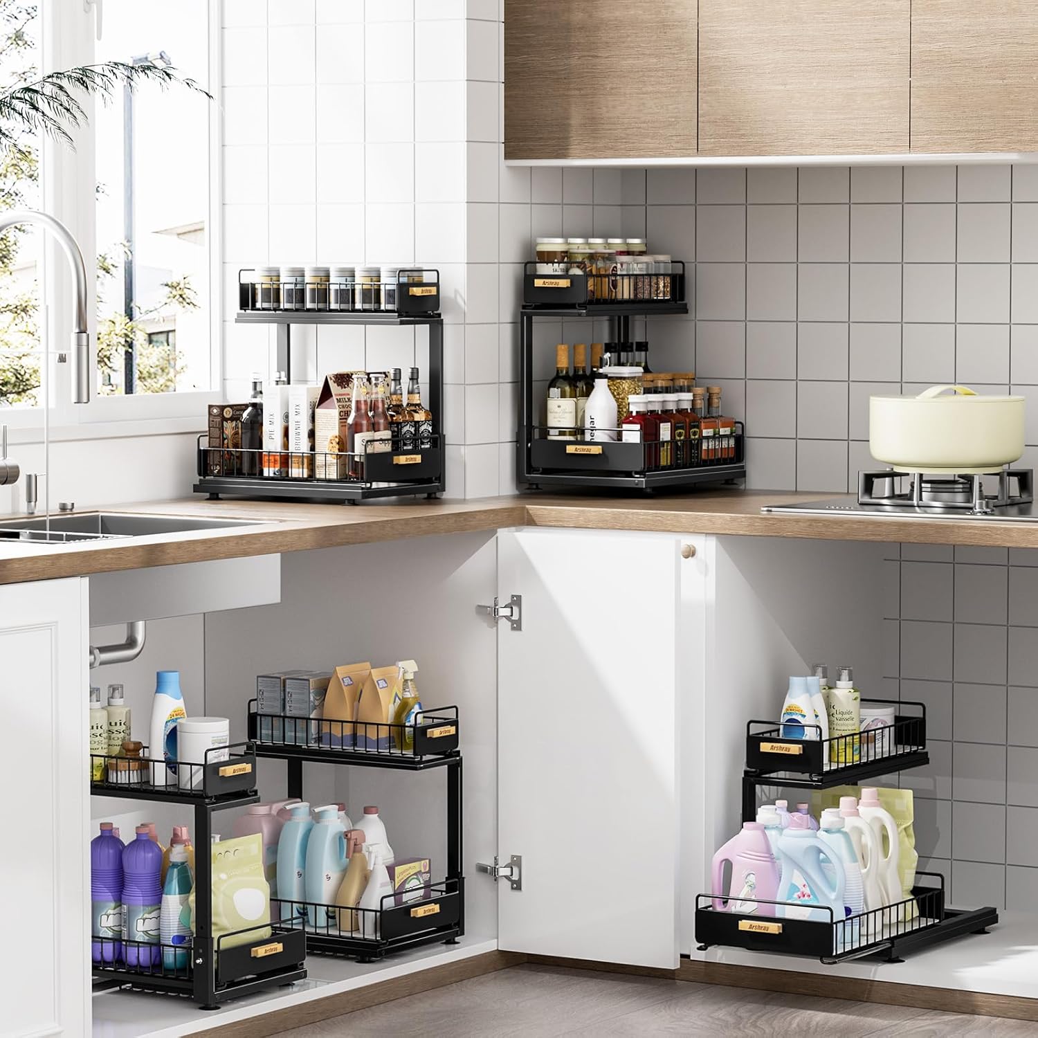 Under Sink Organizer Kitchen - Bathroom Organizers and Storage 2 Tier, Mute Pull Out Cabinet Organizer and Storage Shelves, Slide Out Kitchen Organization with Track for Pantry, Black - Image 7