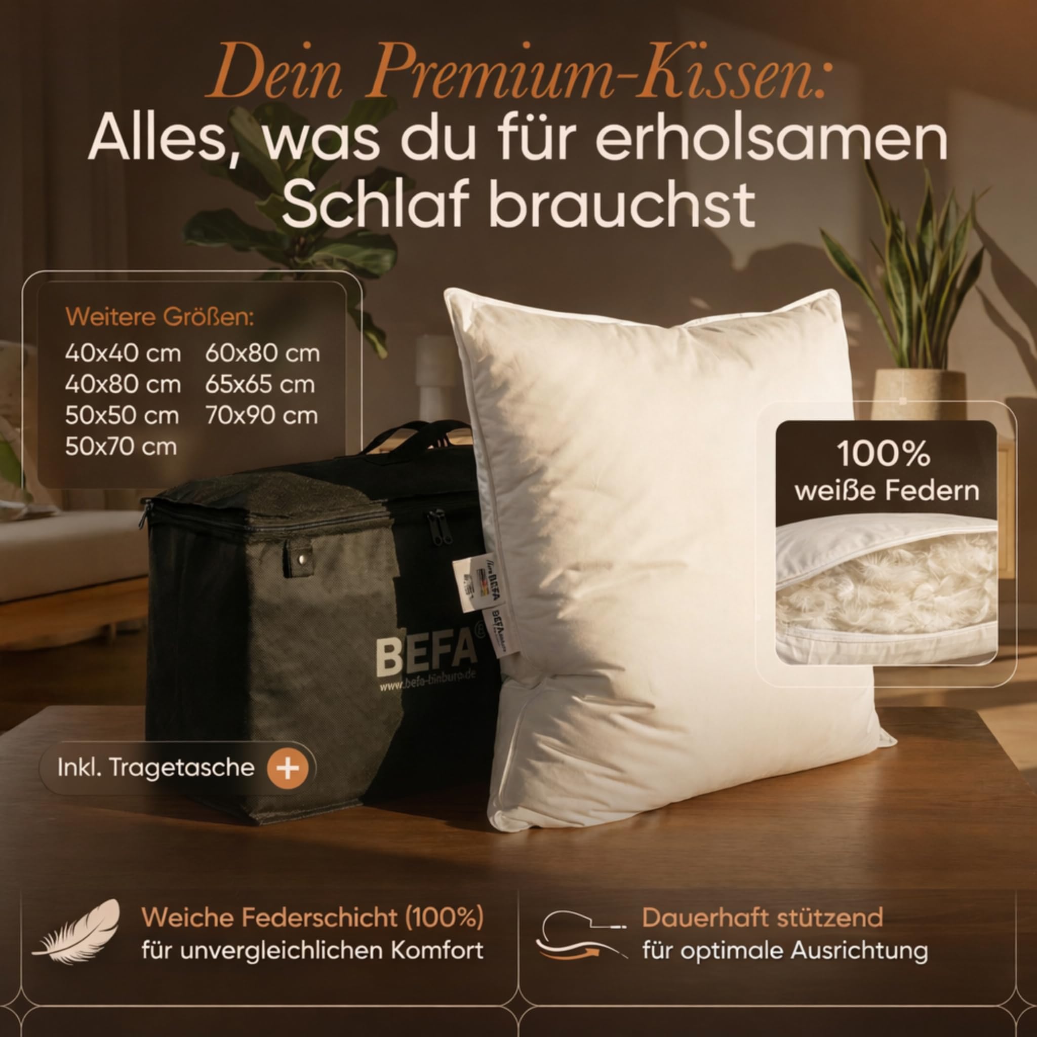 BEFA NATUR Federkissen 80x80 cm (2 Stück) | Kopfkissen Set 100% Federn | 1500g Füllgewicht/Stück | Allergiker geeignet (NOMITE) | Tierwohl zertifiziert (DOWNPASS) | OEKO-TEX Klasse 1 | Made in Germany