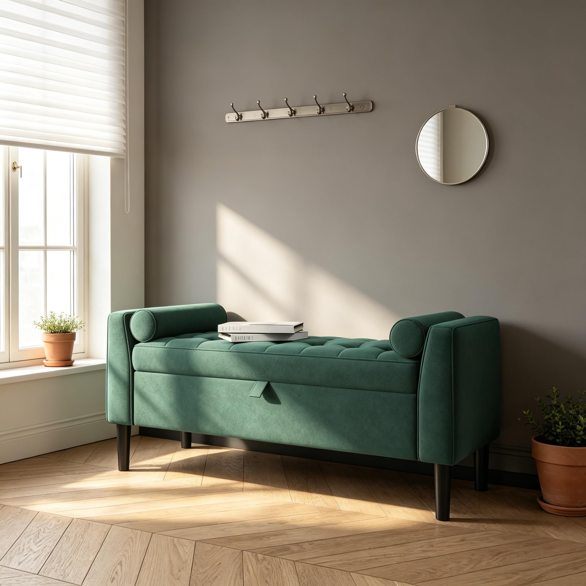 Sitzbank mit Stauraum (118cm), Polsterbank & Sitztruhe aus Samt mit Armlehnen und Holzbeinen, Truhenbank als Schuhbank, Bettbank & Garderobenbank für Flur, Schlaf- & Wohnzimmer (Grün)