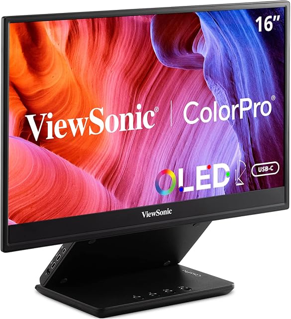 Moniteur portable OLED ViewSonic VP16-OLED 15,6 po 1080p avec USB C alimenté 40W à double sens, Validé Pantone, Calibré en usine, Support ergonomique intégré avec couverture de protection, Noir
