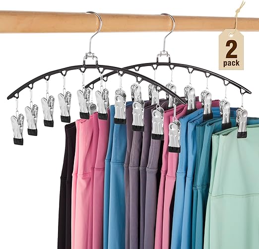 HOUSE DAY Legging Organizer for Closet, Metal Yoga Pants Hanger 2 Pack w/10 Clips Holds 20 Leggings, Space Saving Hanger Closet Organizers and Storage, Clips Hanger for Pants, Skirts, Hats, Black