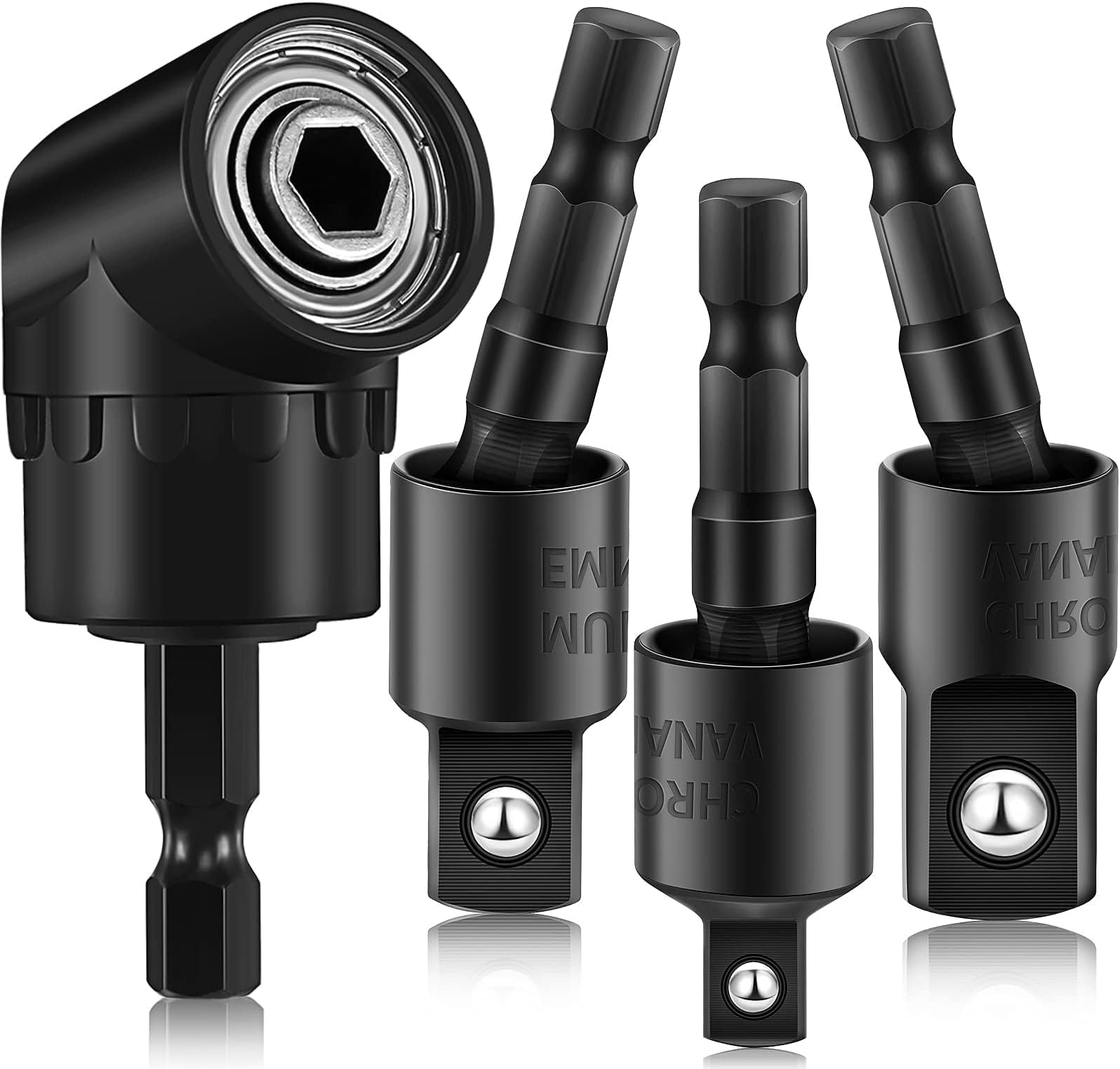 Bukela Impact Grade Sockets Adapter 4 PCS Power Drill Sockets Adapter Set with 360 Degree Rotatable Hex Shank Drill Adapters 105 Degree Right Angle Screwdriver Attachment