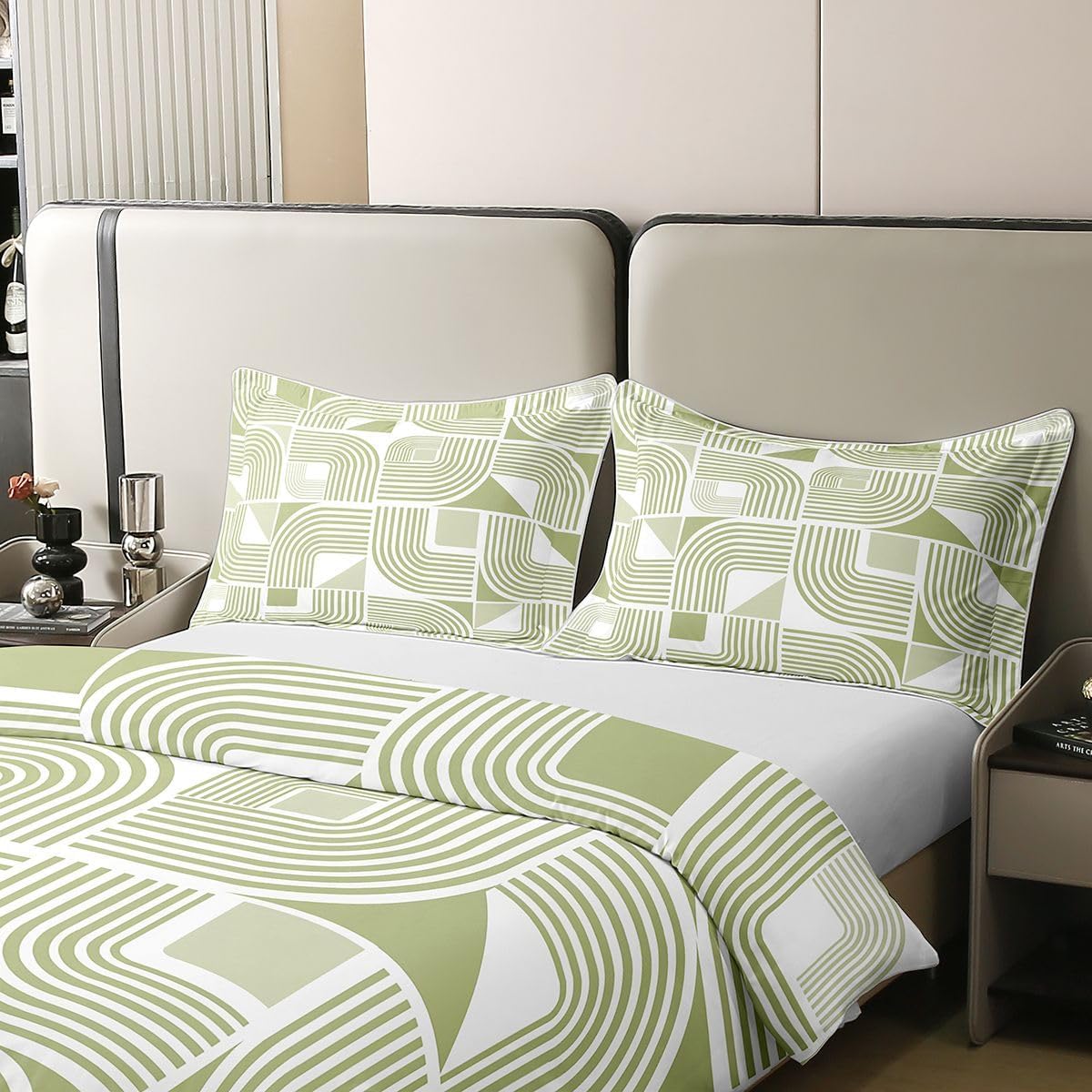 Erosebridal Abstract Duvet Cover Set Modern Line Art 100% Cotton Comforter Cover | Light Green Striped King Bedding Set, Boho Swirl Lines Bed Sets
