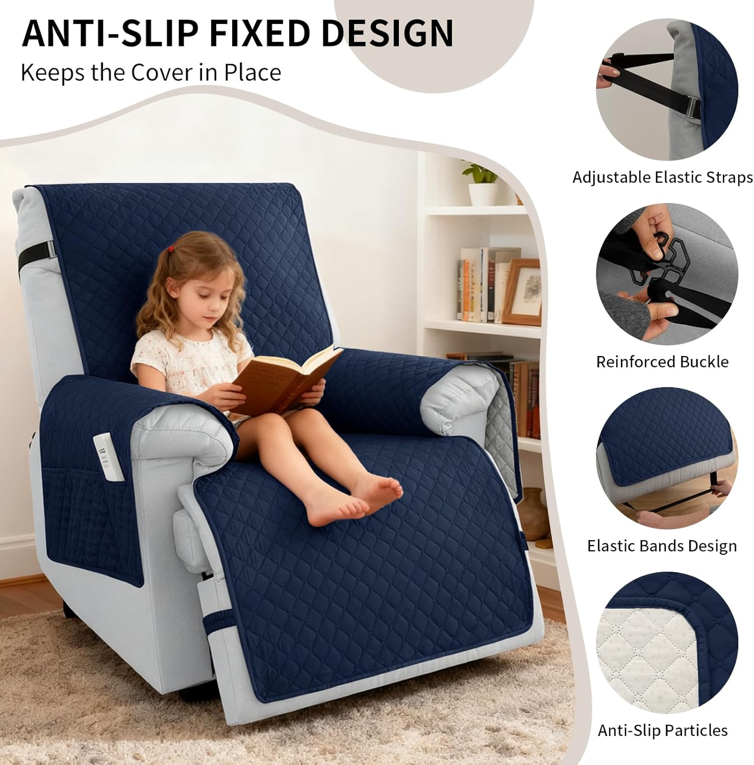 100% Waterproof Recliner Chair Covers 23.6", Non-Slip Recliner Cover for Chair with Pocket Washable Recliner Covers that Stay in Place with Elastic Straps for Dogs Cats Kids Pets-Navy Blue
