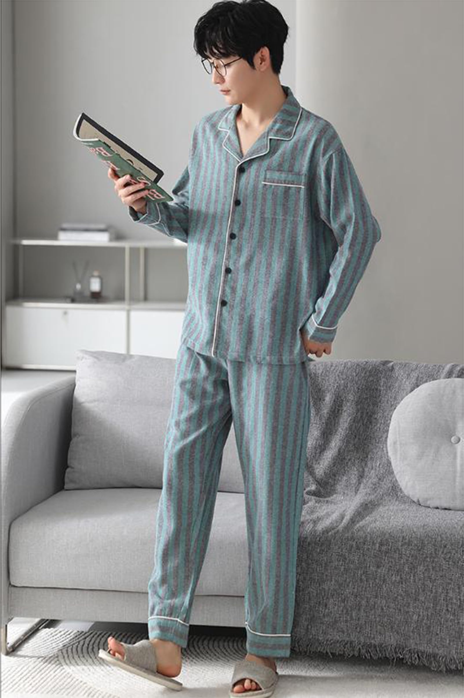 Pigiama da Uomo a 2 Pezzi Set Manica Lunga Classico Plaid Button Down Pigiameria Loungewear Pjs Set L-3XL