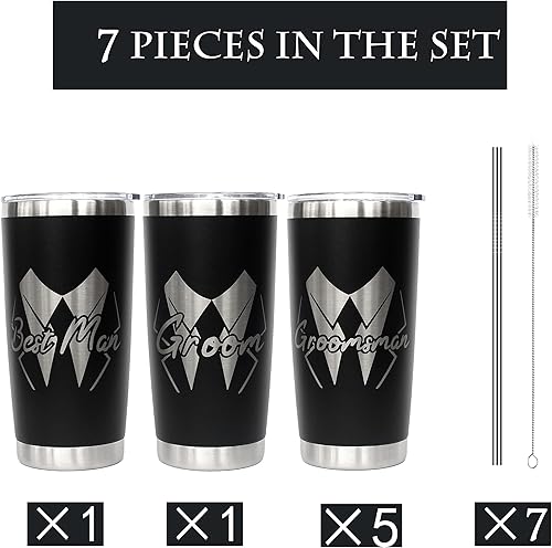 Miniatura 8 de PartyGifts&beyond Paquete de 7 vasos de acero inoxidable de 20 onzas con tapa y pajita, regalos para padrinos de boda y despedida de soltero (Negro)
