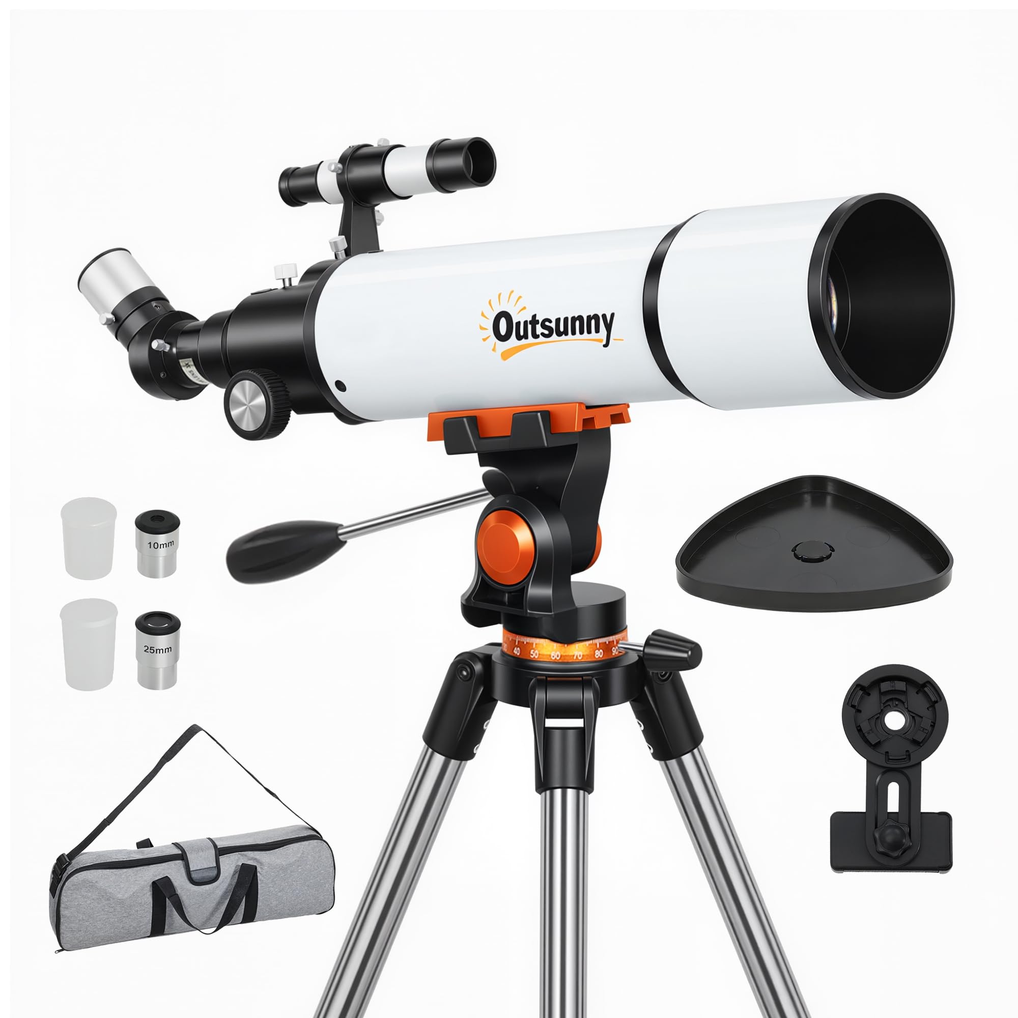 Outsunny Telescopio Astronomico con 80mm Apertura/500mm, 40X/16X Telescopio Rifrattore Portatile con Adattatore Telefono, Borsa da trasporto, Treppiede Regolabile in Altezza per Adulti, Bianco e Nero