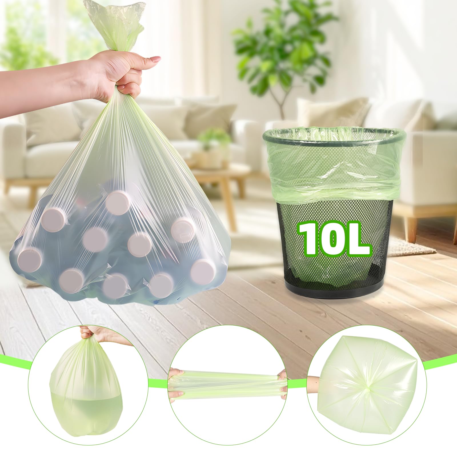 Bolsas de basura orgánicas de 10 l, 120 unidades, bolsas de basura orgánicas para cocina, resistentes al desgarro y al agua, bolsas biodegradables para cocina, oficina, salón (W45 x 50 cm, verde)