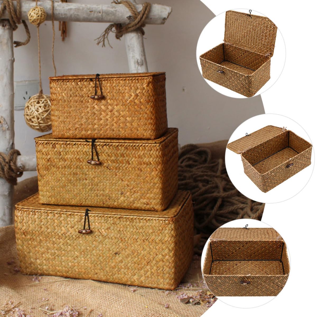 GANAZONO 3 Pezzi Cesto Portaoggetti Finitura Artigianale Intrecciato in con Coperchio, Contenitore Organizer Facile da Usare, per Casa e Shower