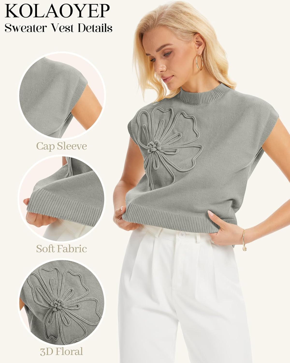 3D Floral Sleeveless Sweater Vest for Women, Spring Knit Tank Top Casual Pullover - Image 5