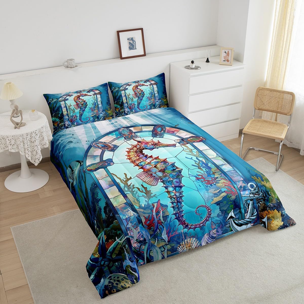 Feelyou Seahorse Bedding Set Boys Girls Queen Size Ocean Creature Themed Comforter Set Ultra Soft Sea Underwater World Comforter Marine Life Sealife Duvet Set Aquatic Animal Printed Quilt Set