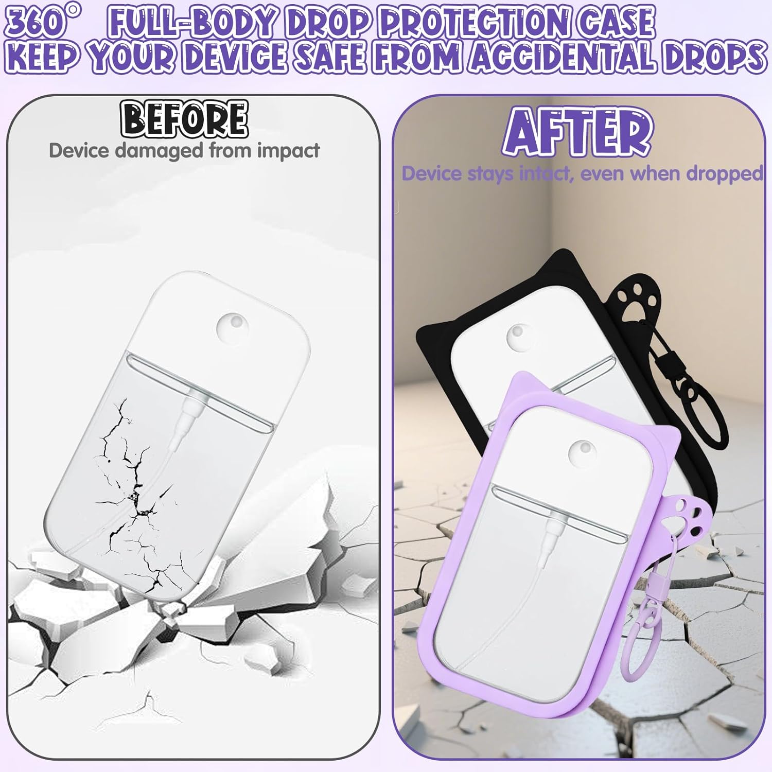 2Pcs Hand Sanitizer Spray Silicone Case for Touchland Power Sanitizer Spray, Fashion Keychain Accessory Cat-Shaped Cover Holder with 360° Swivel Metal Ring, Purple & Black - Image 6