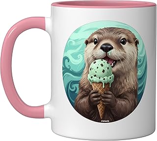 CUTE AND SWEET OTTER EATS STRACCIATELLA ICE CREAM Ceramic Mug, Pink/White