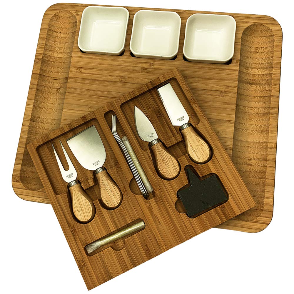 Carnivore Club Bamboo Charcuterie Board Set - Extra-Large Modern Rectangular Serving Platter with Cheese Knives, Ceramic Bowls, Slate Markers & More