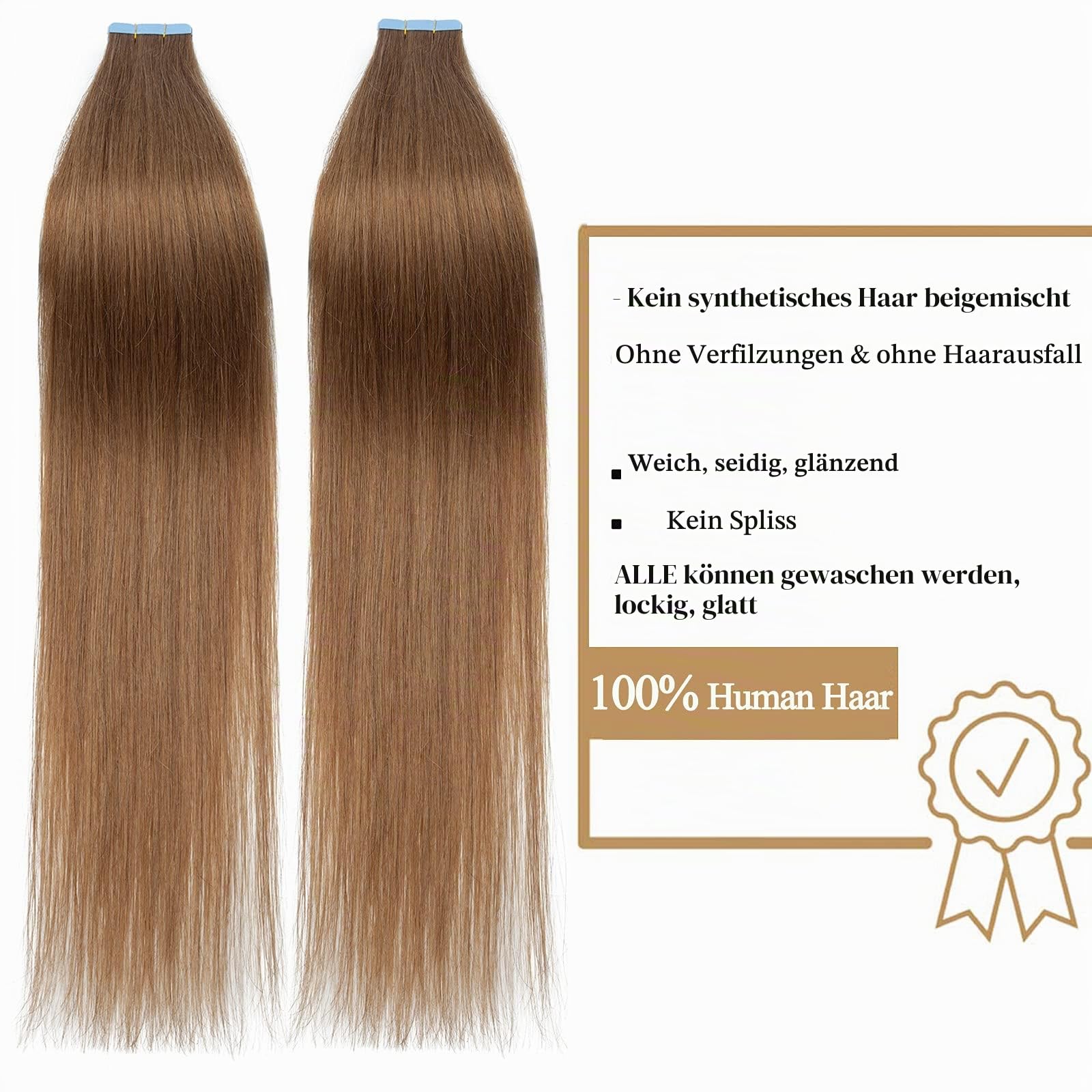 SEGO 40 Stück Tape in Extensions Echthaar Klebeband Haarverlängerung 100% Remy Human Haar Haarteil (+10 Tressen free tapes) 40 cm Hellbraun#6-2