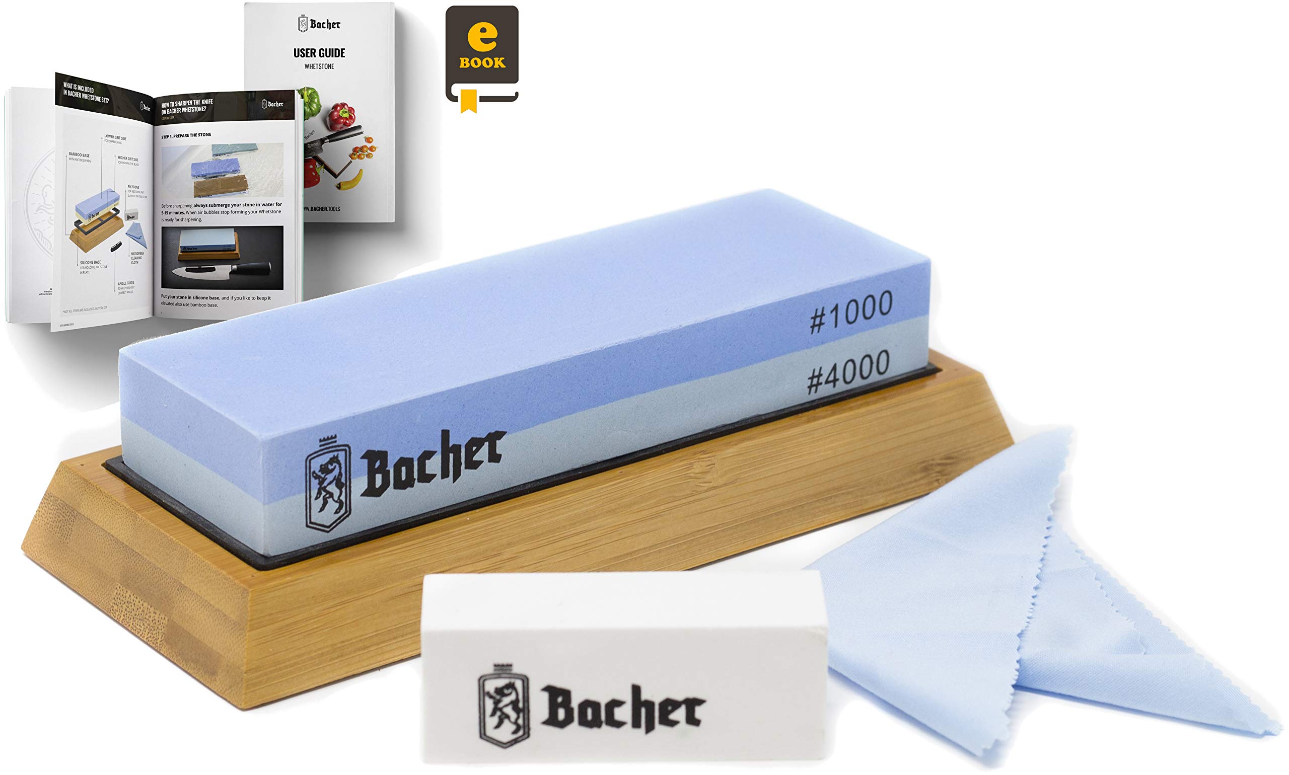 Pierre à Aiguiser Premium Bacher. Pierre à Affuter à Double Face, Grains 1000/4000 – Aiguiseur pour Couteaux avec Support en Bambou, Pierre Aplatissante et Guide électronique Détaillé
