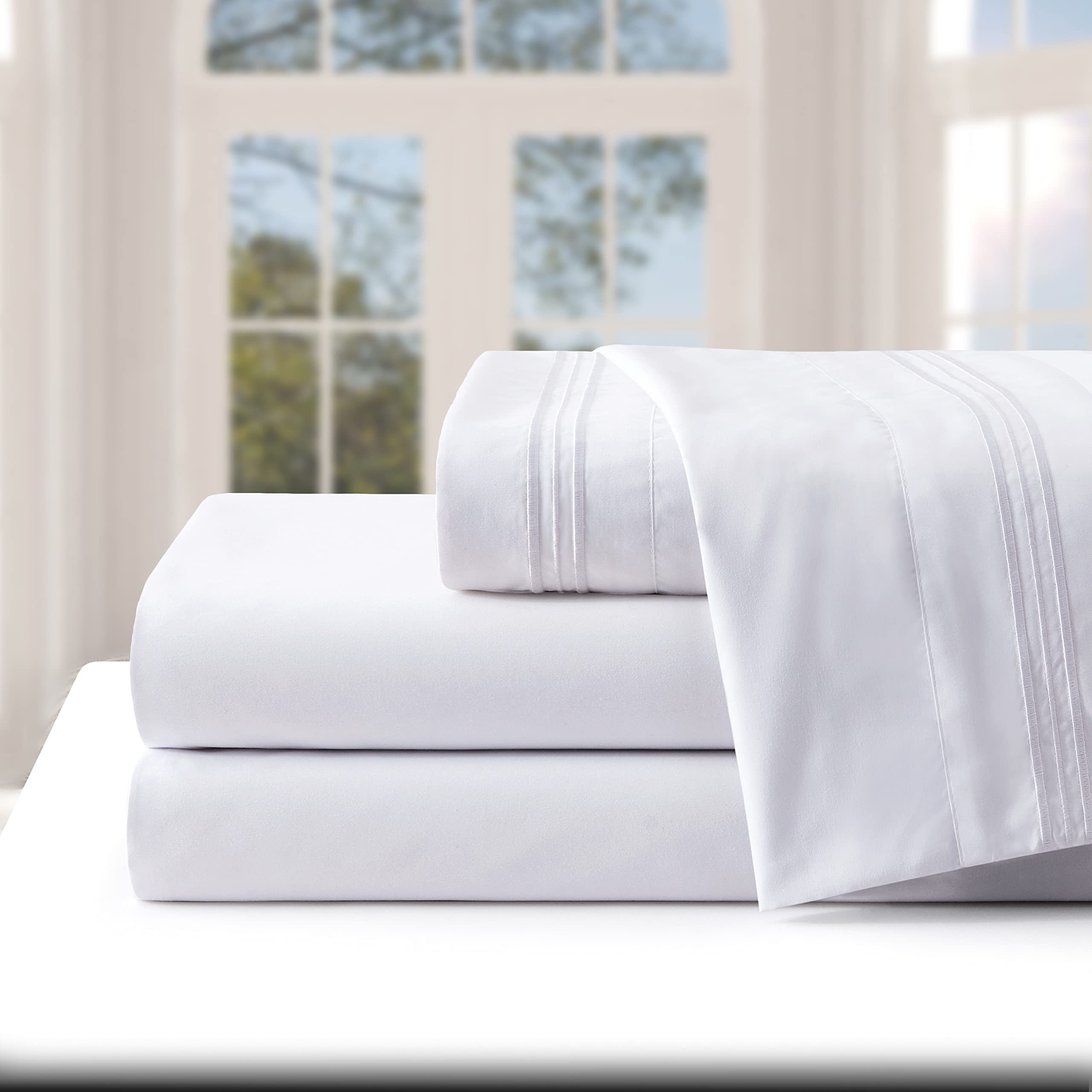 5 Pcs Sheet Set with Pleated Bed Skirt Vertical 3 Line Embroidered Matching Thread Extra Deep Pocket Fit
