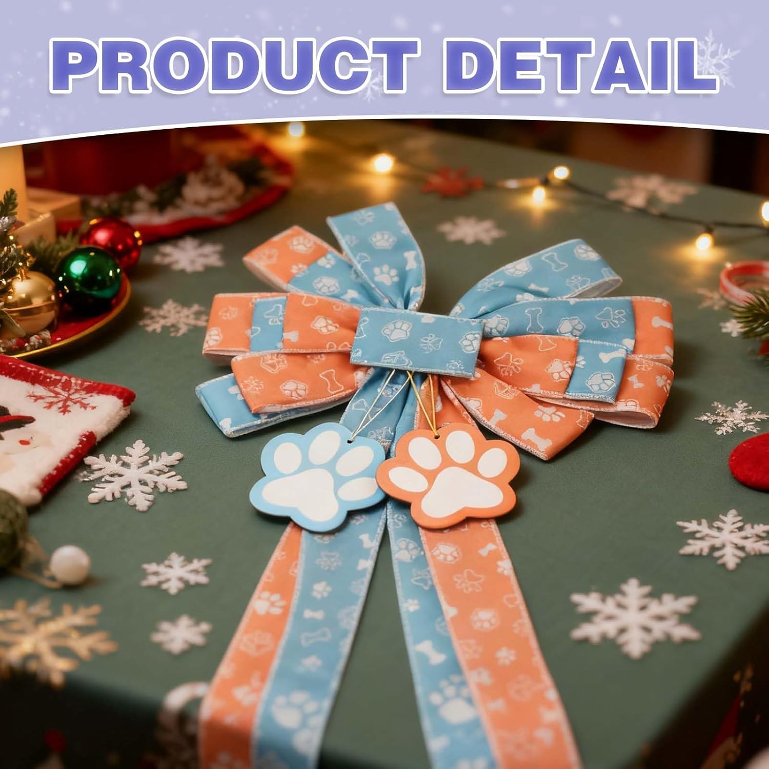 Christmas Tree Topper Bow, 44 * 13inch Blue Orange Xmas Topper, Large Christmas Bow with Streamers Dog Paw Ornament, Indoor and Outdoor Christmas Tree Xmas Wreath Decor - Image 5
